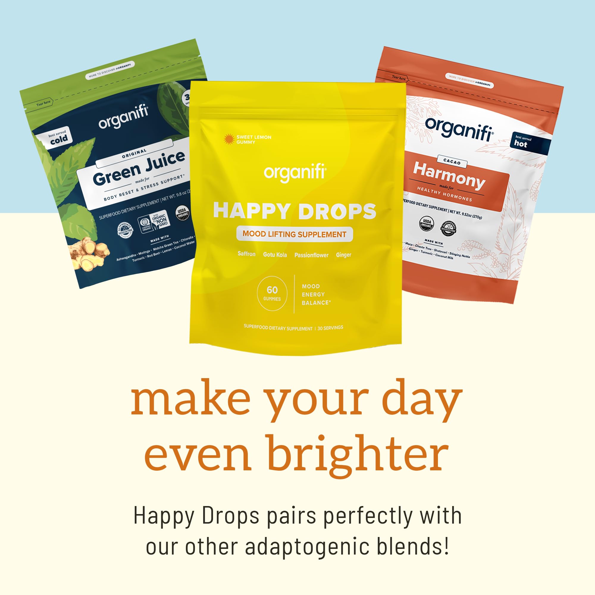 Organifi Happy Drops gotu kola and ginger ingredients shown.