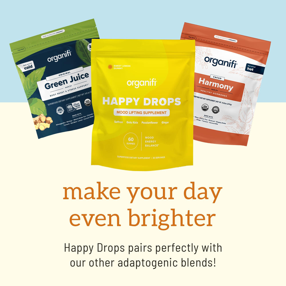 Organifi Happy Drops gotu kola and ginger ingredients shown.