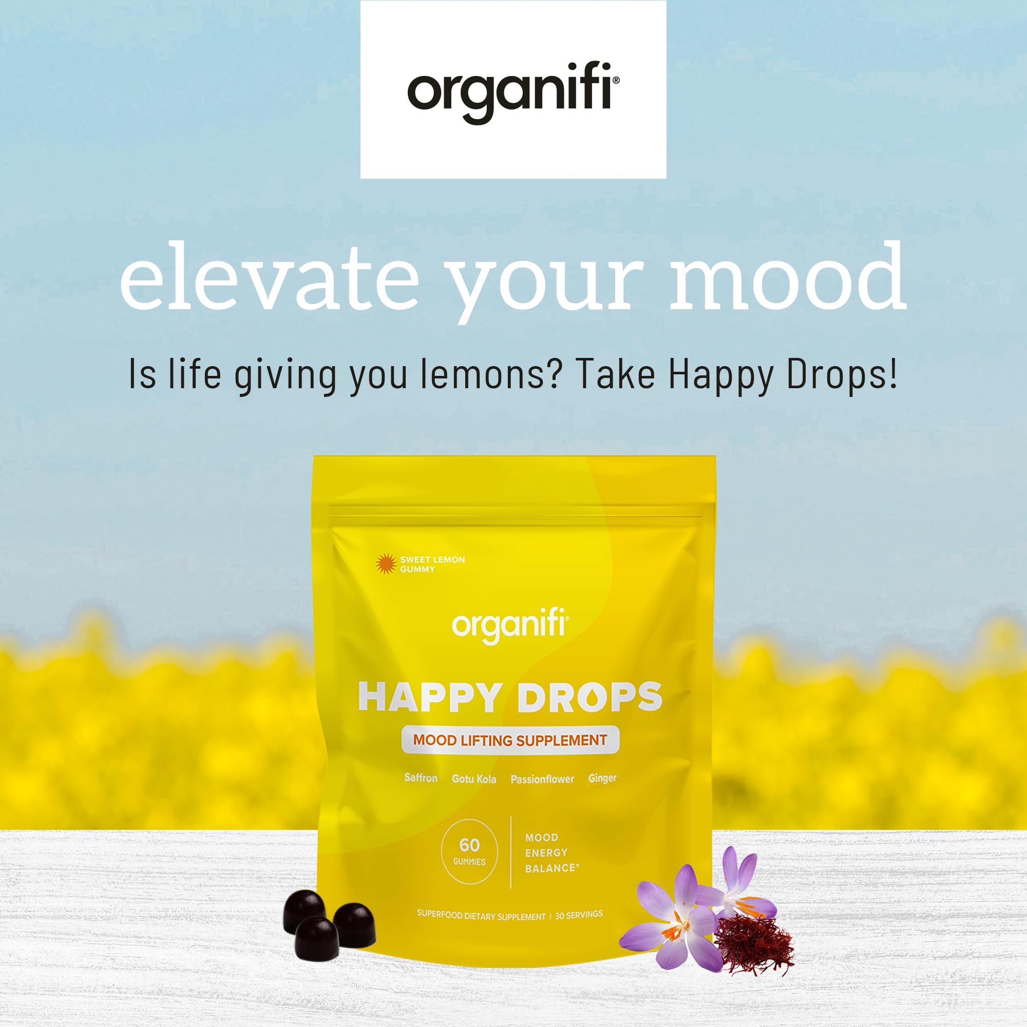 Organifi Happy Drops lemon flavor gummies on plate.