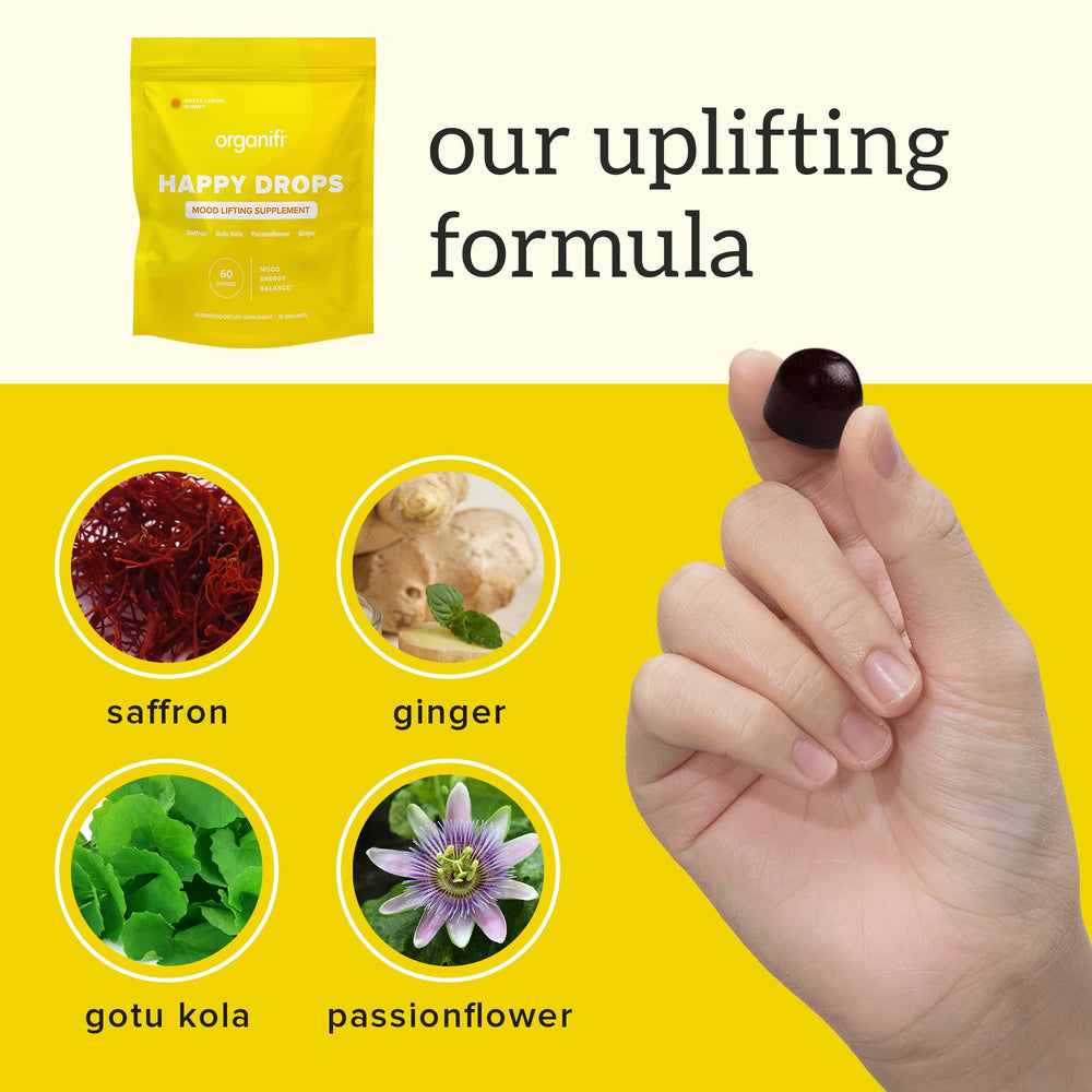 Organifi Happy Drops passionflower highlighting calming botanicals.