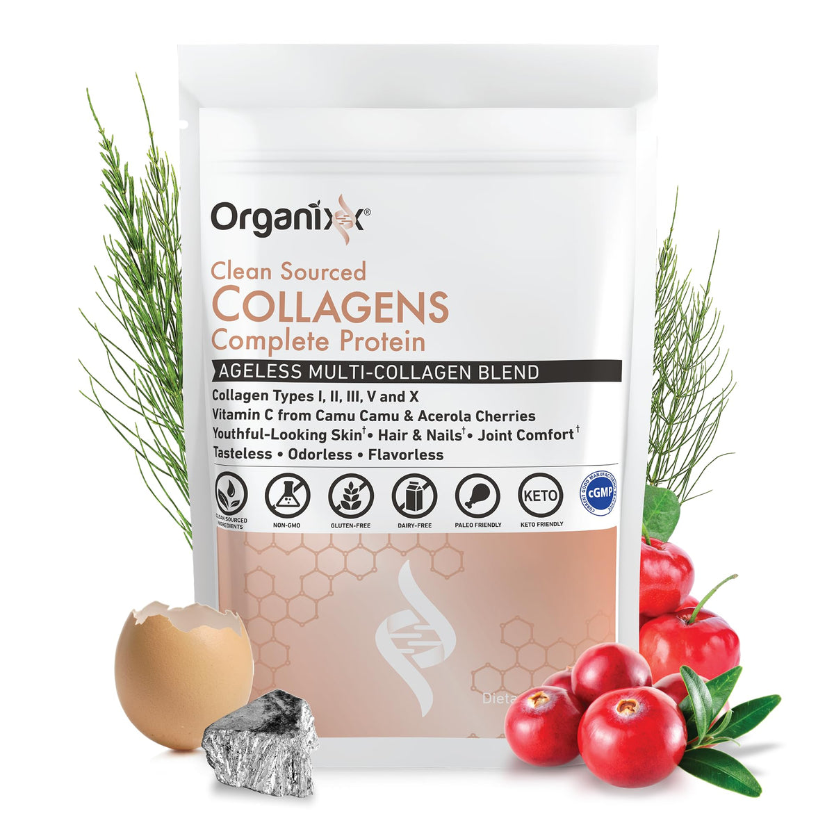 Organixx Clean Sourced Collagen bottle on kitchen counter for daily wellness.