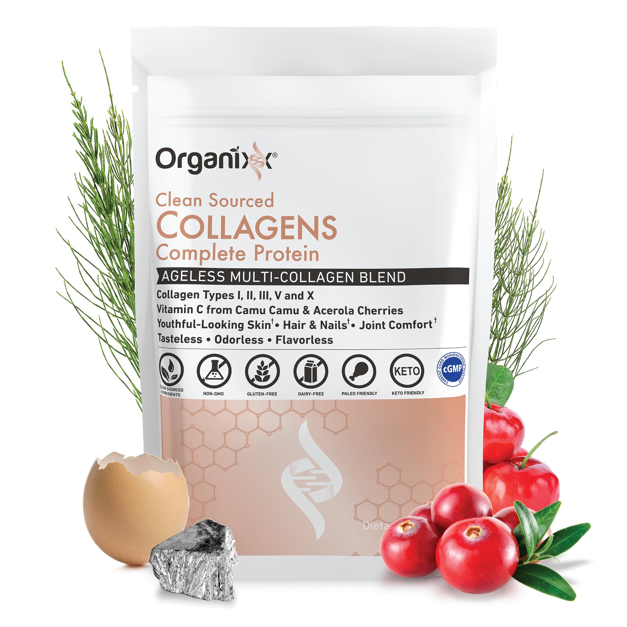 Pouring Organixx collagen powder into a glass for easy beverage addition.