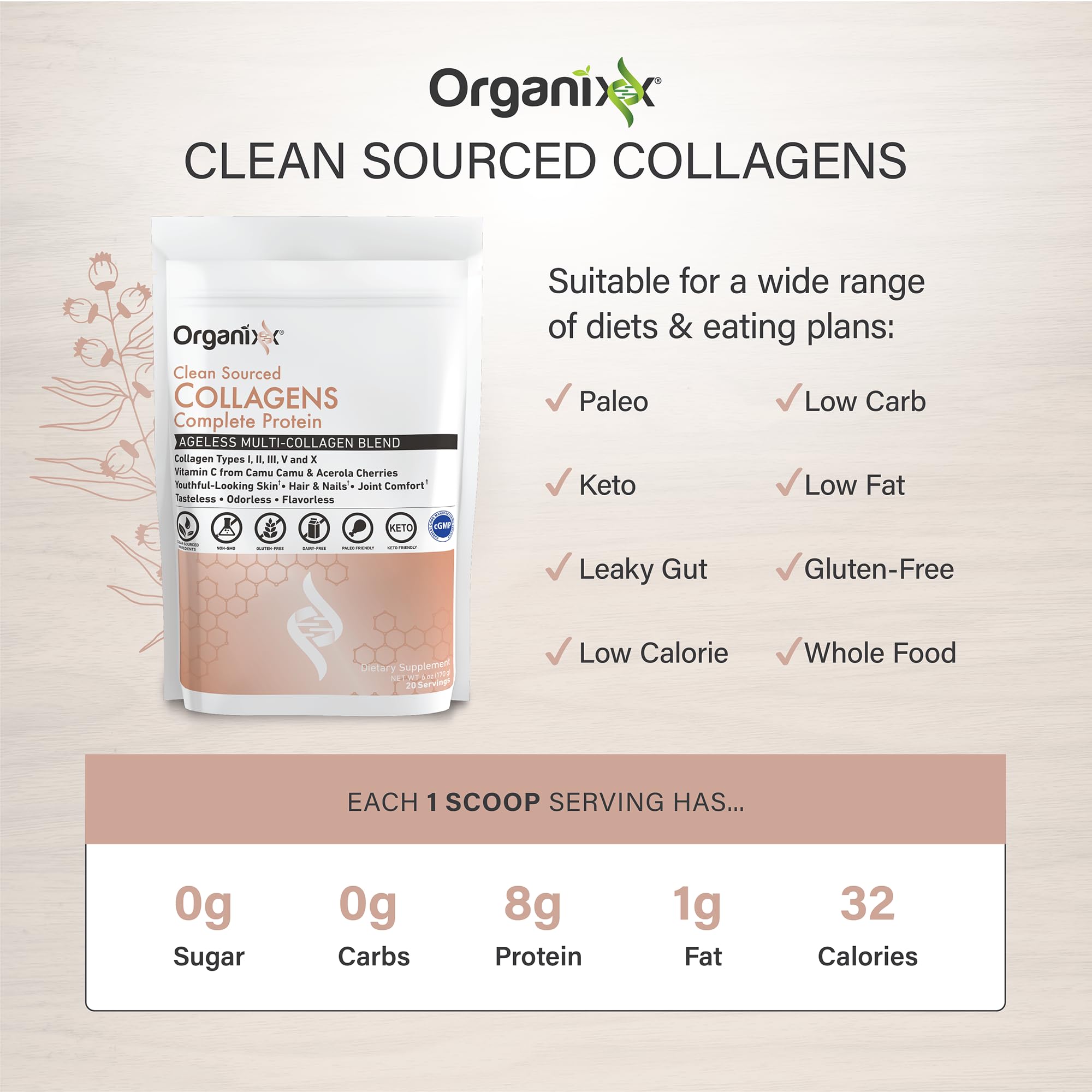 Close-up of Organixx collagen powder scoop showing fine texture for quick mixing.