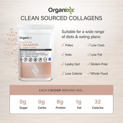 Close-up of Organixx collagen powder scoop showing fine texture for quick mixing.