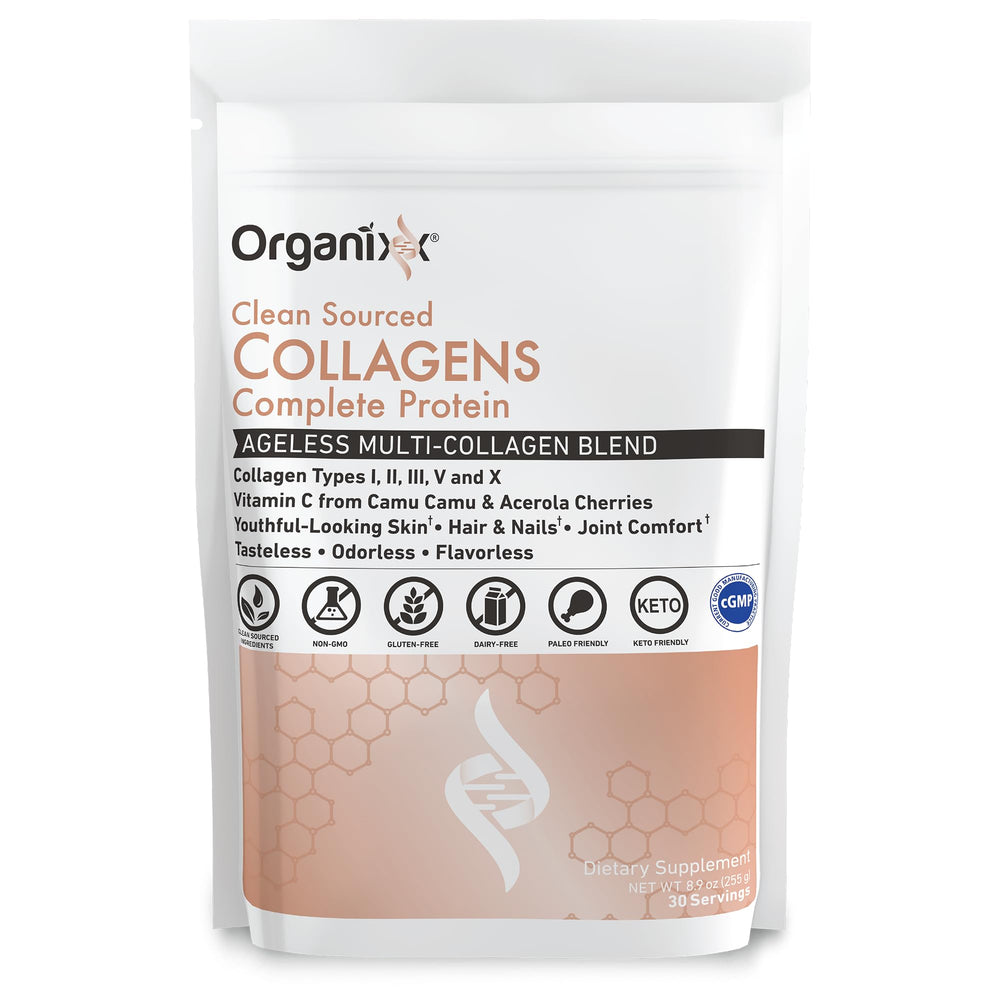 Organixx Clean Sourced Collagen powder scoop ready to blend into coffee.