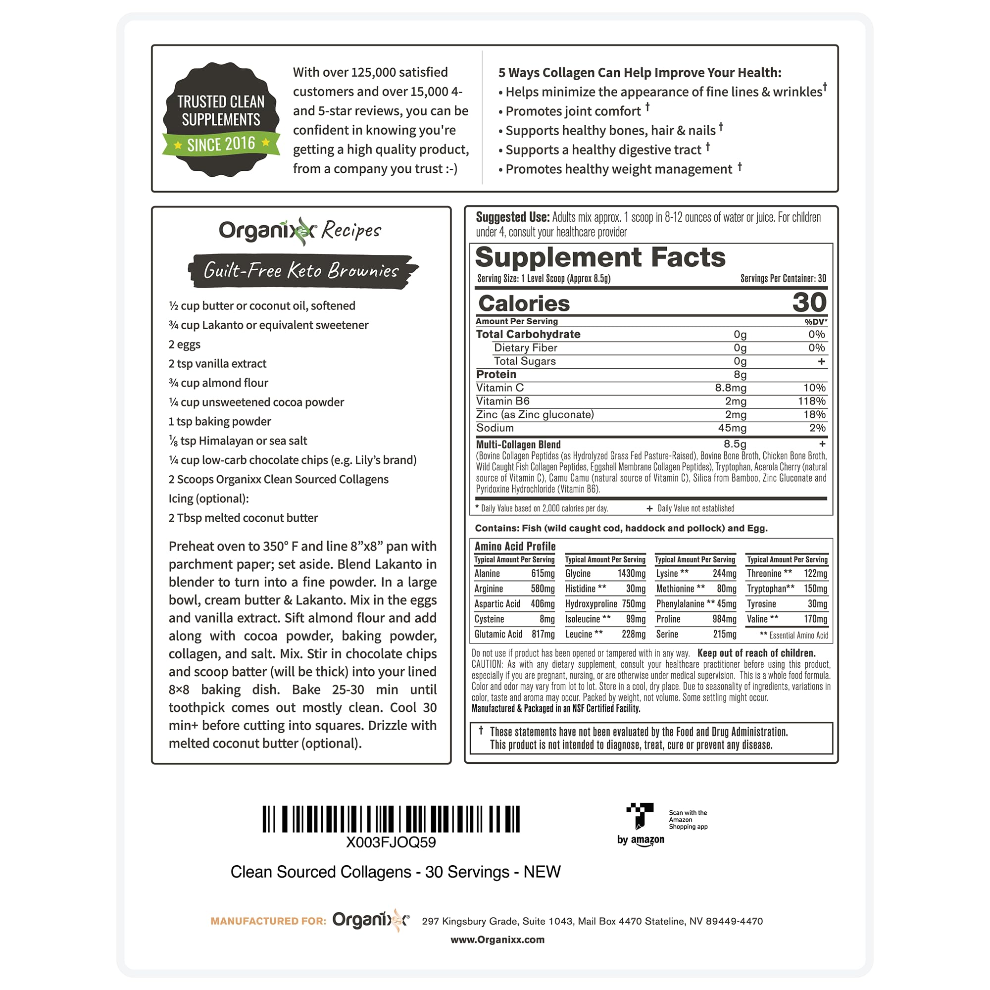 Organixx collagen powder beside measuring spoon for keto-friendly use.