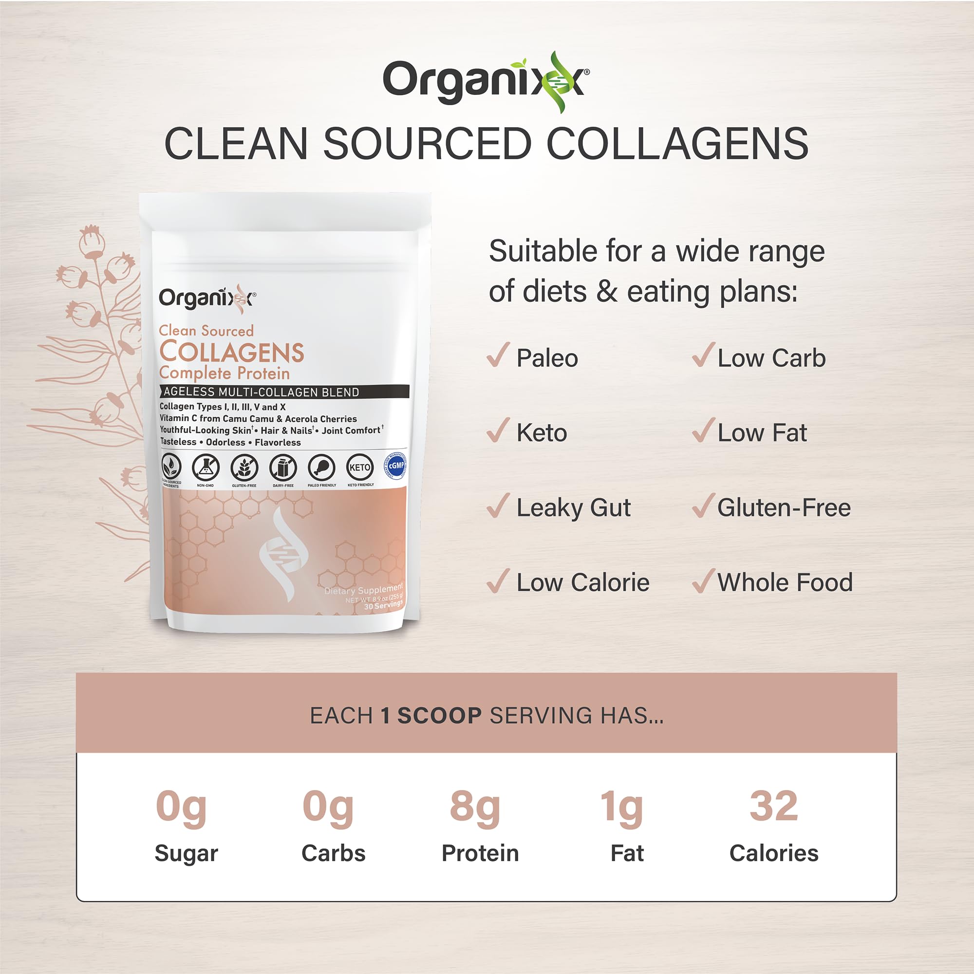 Organixx collagen powder in a smoothie glass.