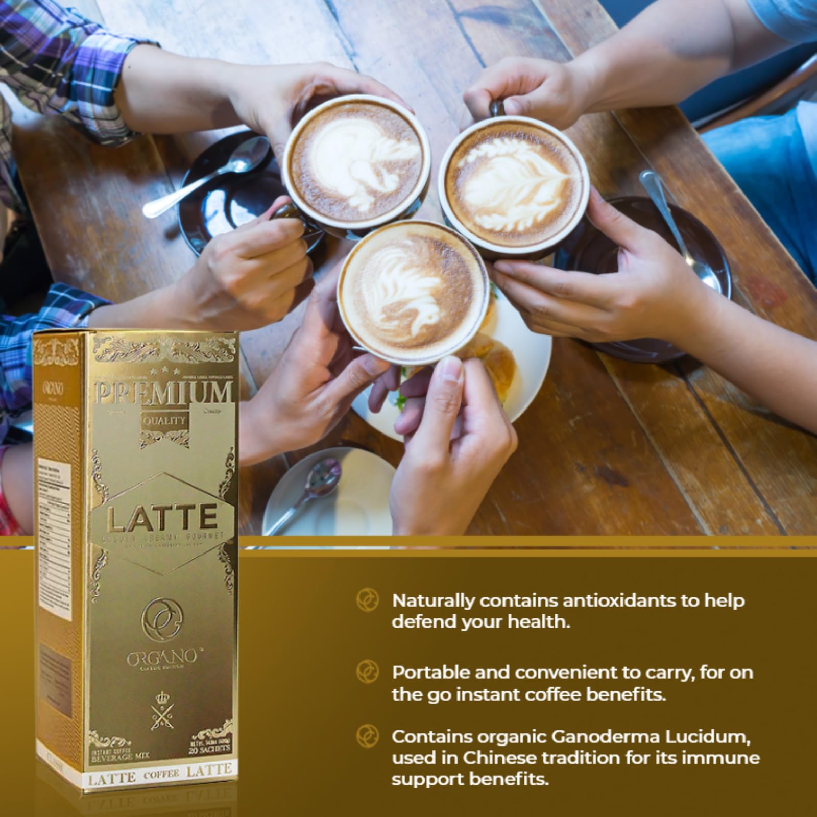 ORGANO Gourmet Cafe Latte packaging and sachets ready for travel and on-the-go use.