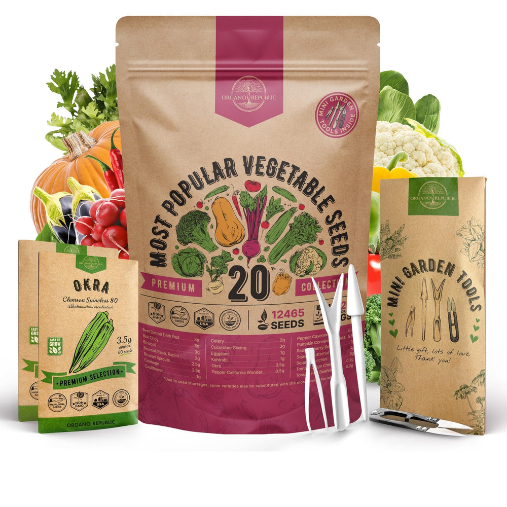 Organo Republic 20-Seed Variety Pack offers diverse heirloom vegetables for home gardens.