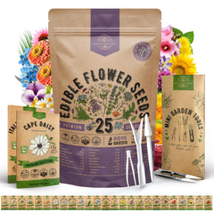 Organo Republic 25 edible flower seeds pack with resealable packets for easy storage.