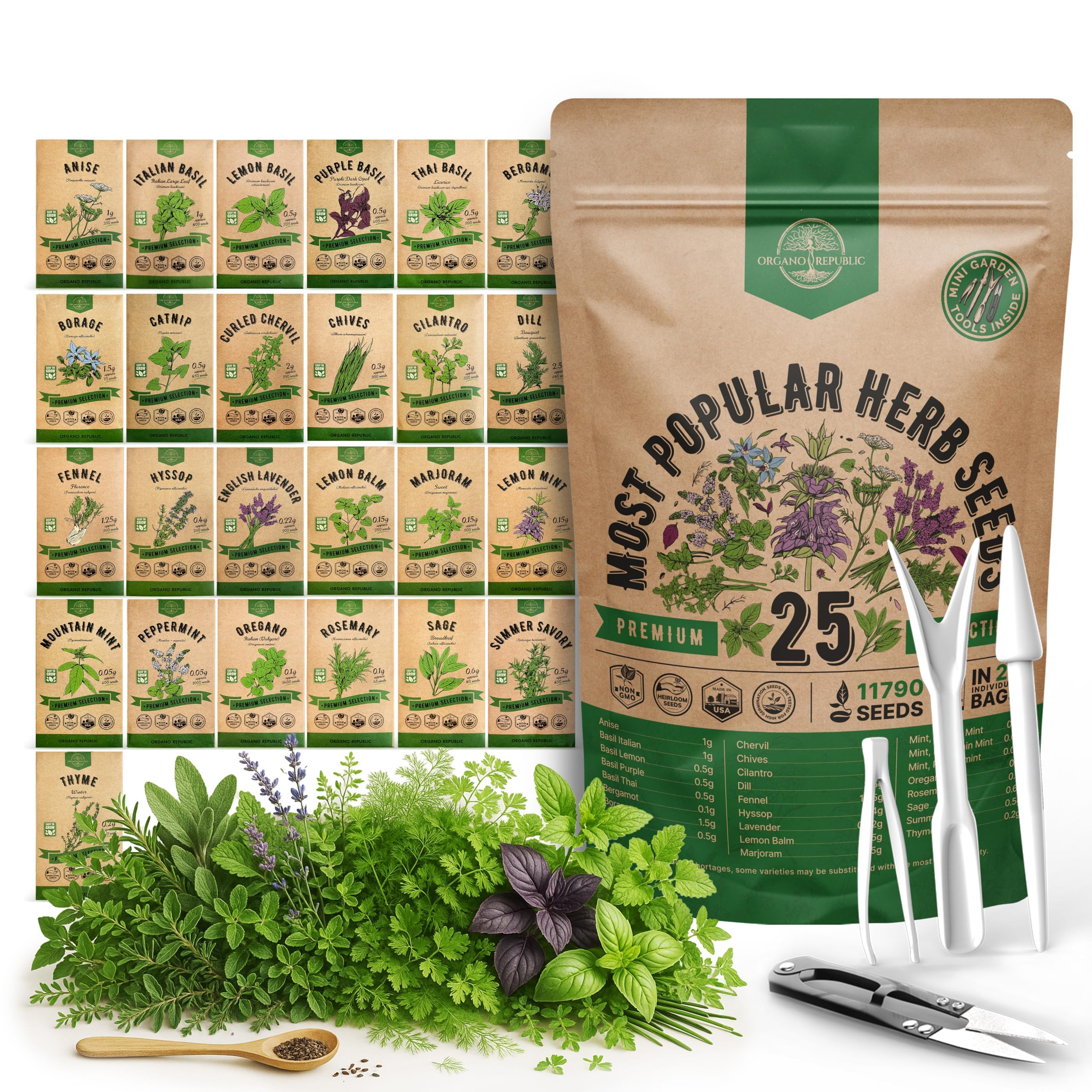 Organo Republic 25 herb seeds variety pack in waterproof bag for year-round indoor and outdoor growing.
