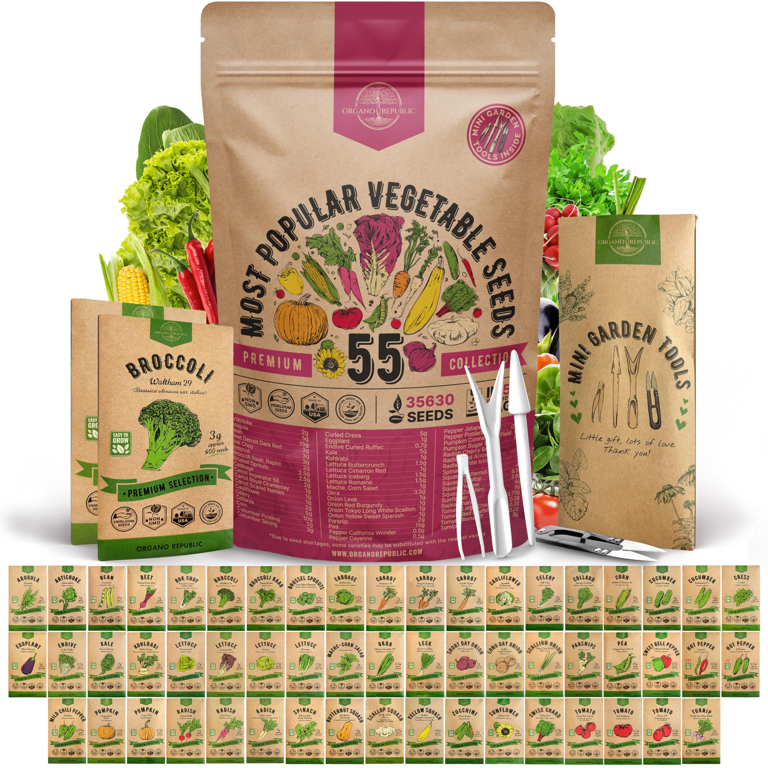 Organo Republic 55-vegetable seeds variety pack box and resealable bag for easy storage.