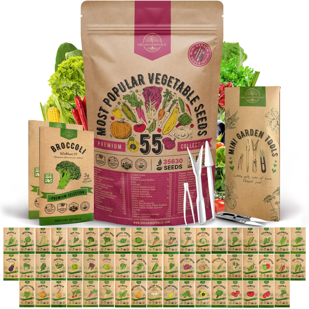 Organo Republic 55-vegetable seeds variety pack box and resealable bag for easy storage.