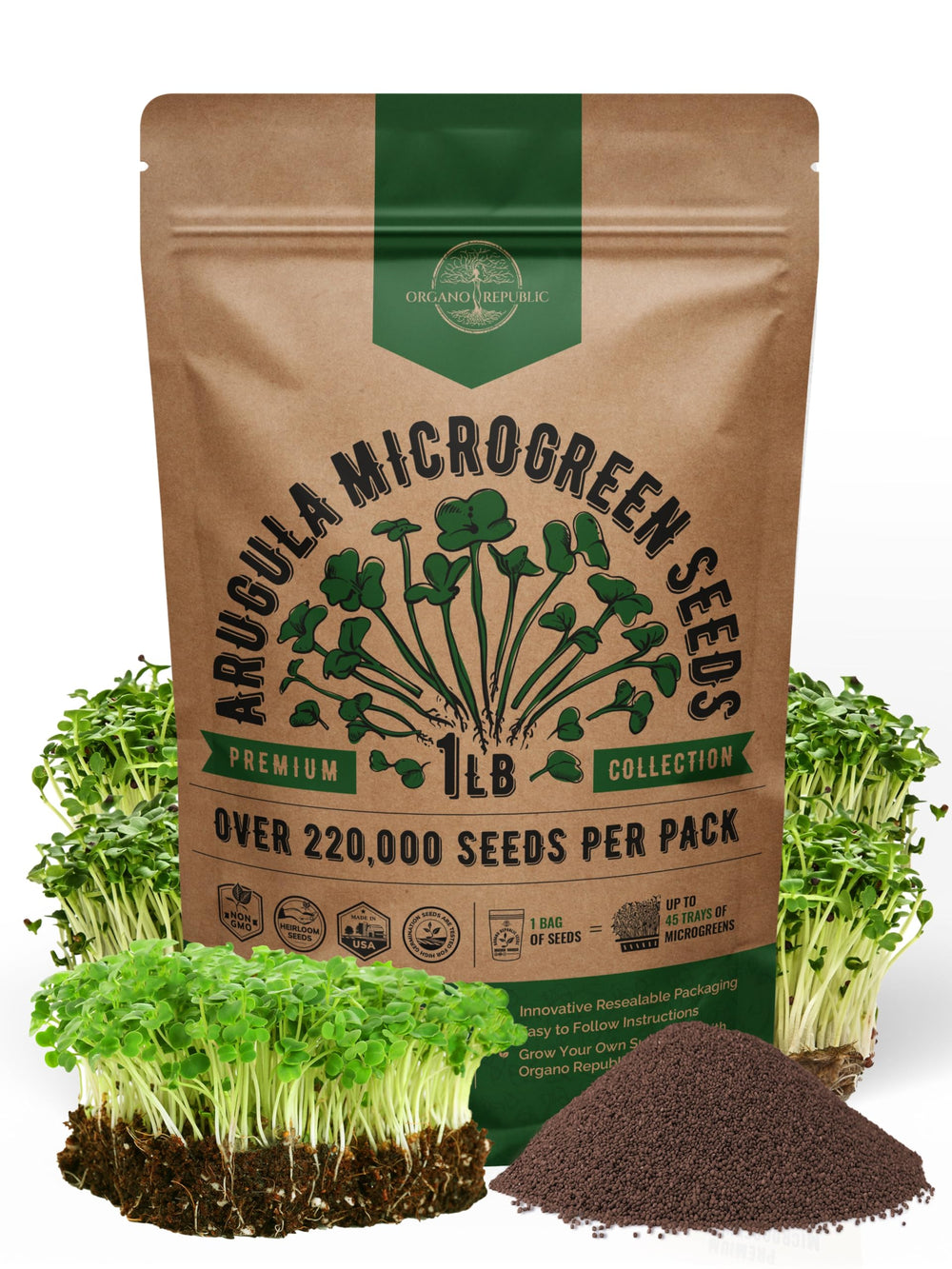 Organo Republic arugula seeds bag close-up highlighting heirloom quality for reliable sprouting.