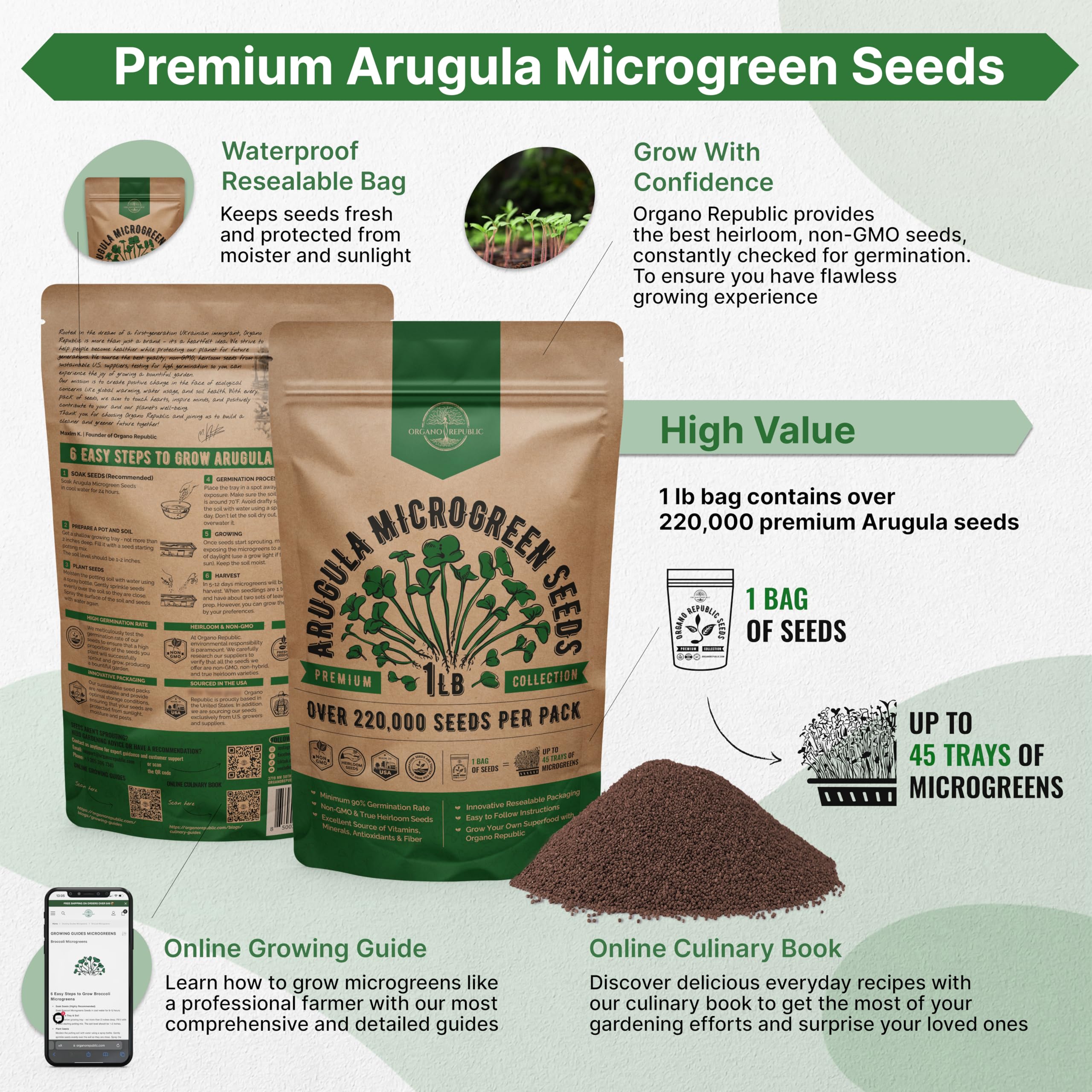 Organo Republic arugula seeds poured into a tray ready for germination.