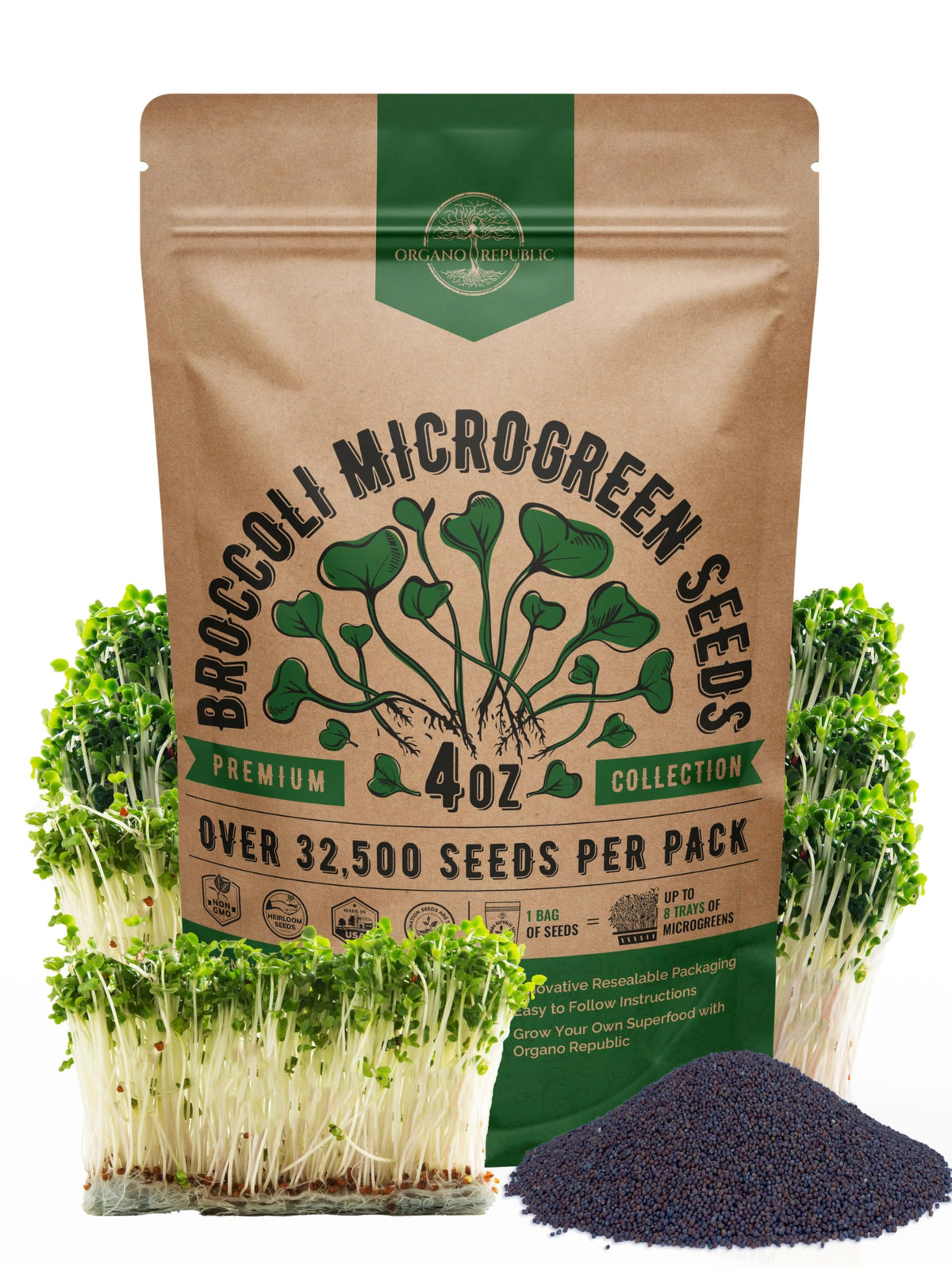 Organo Republic broccoli sprouting seeds bulk 4oz package for quick home sprouts