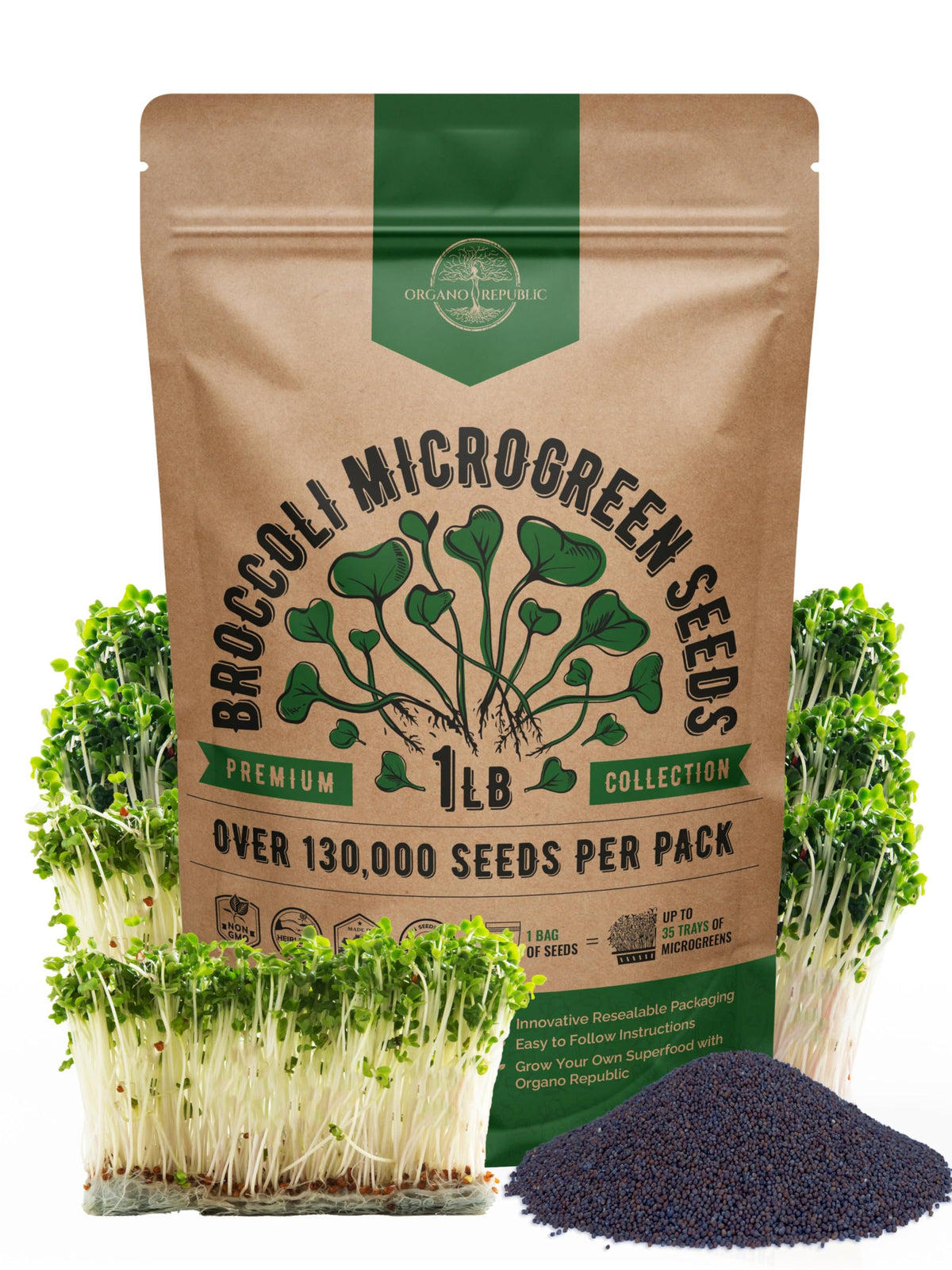 Organo Republic broccoli sprouts seeds pack ready for soil, coco coir, or hydroponic setups.