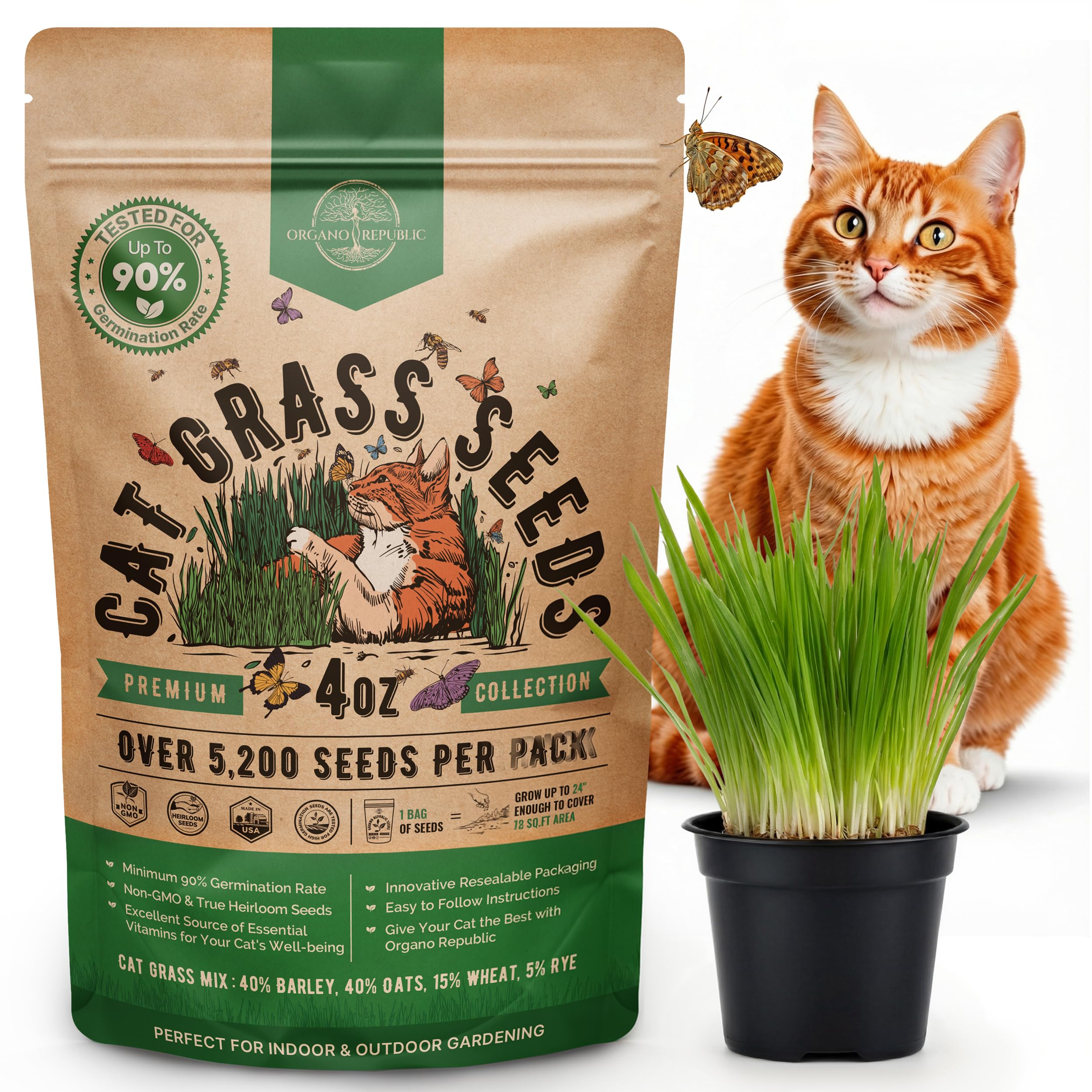 Organo Republic Cat Grass Seeds Mix packaging for indoor growing and freshness
