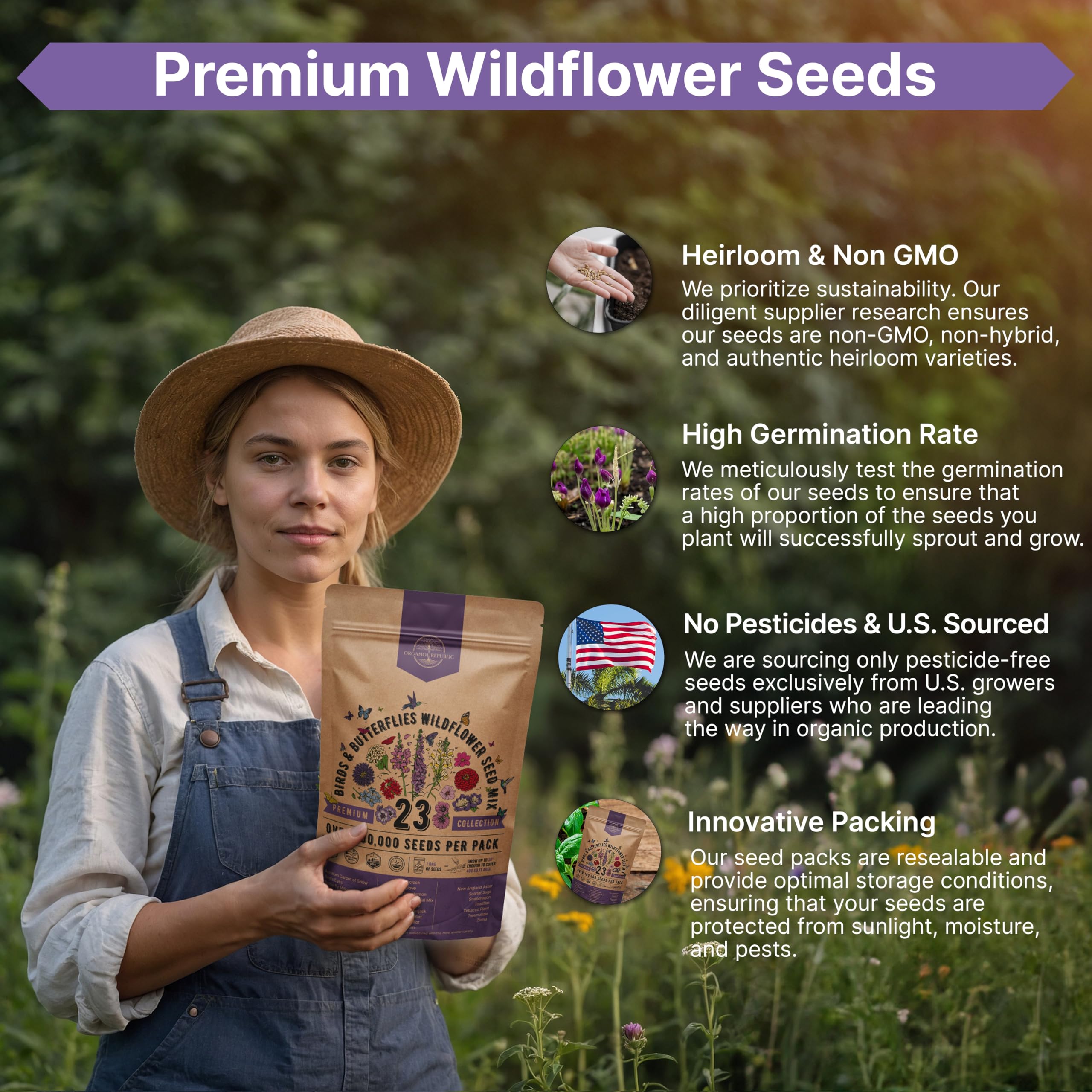 Organo Republic made in USA seed packet with long shelf life.