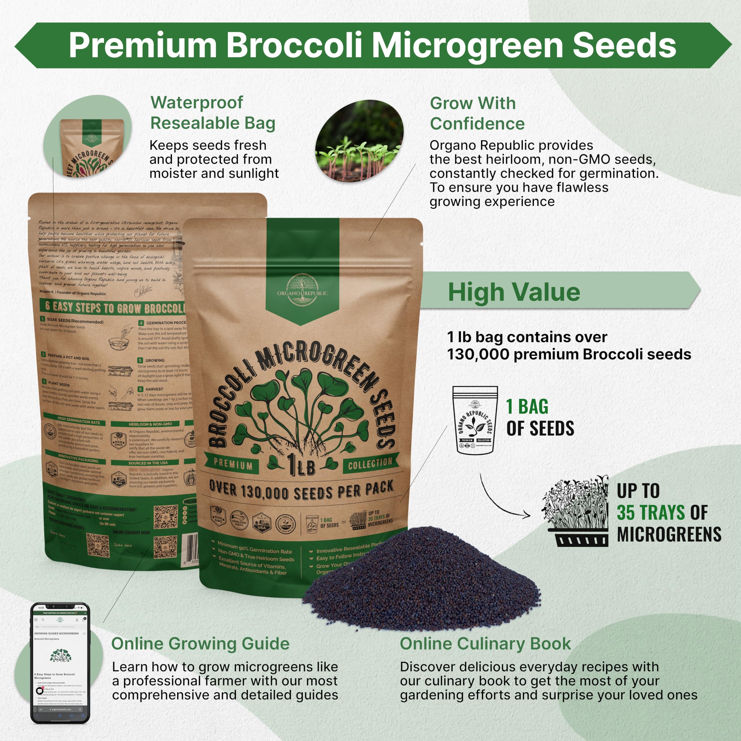 Organo Republic microgreens seeds with clear package label for easy planning and planting.