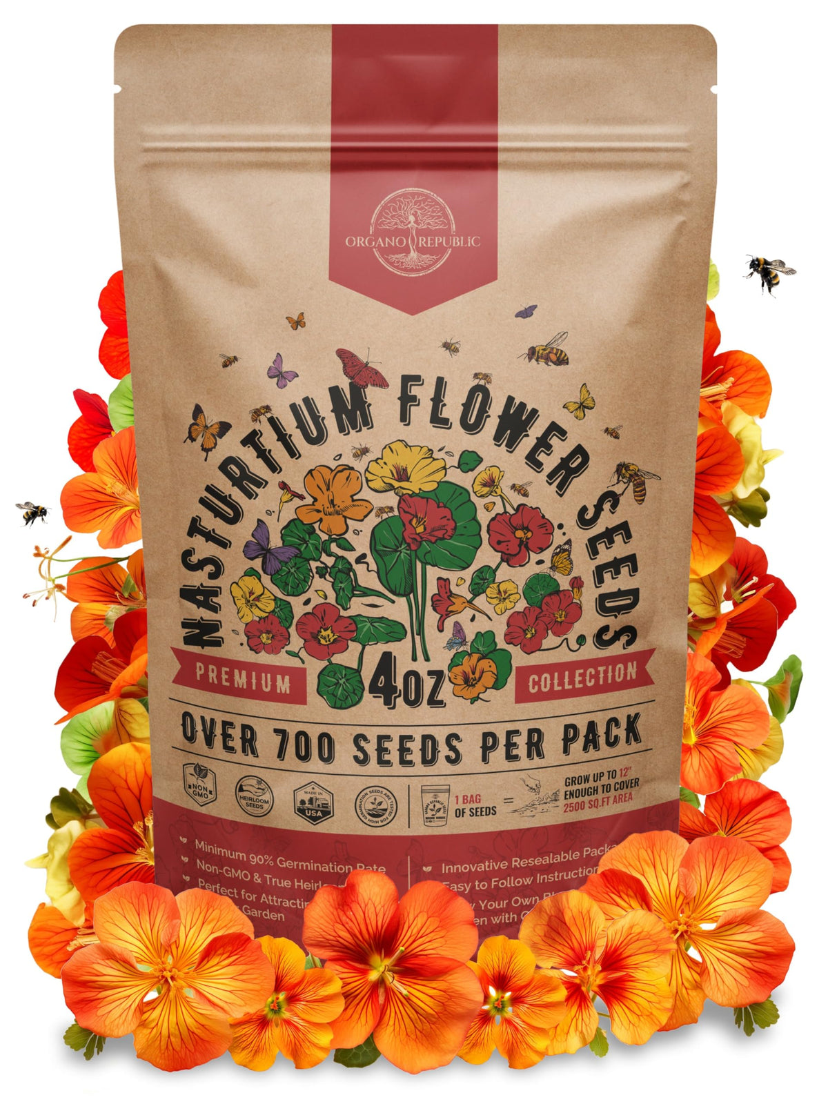 Organo Republic Nasturtium seeds pack front with resealable bag for freshness
