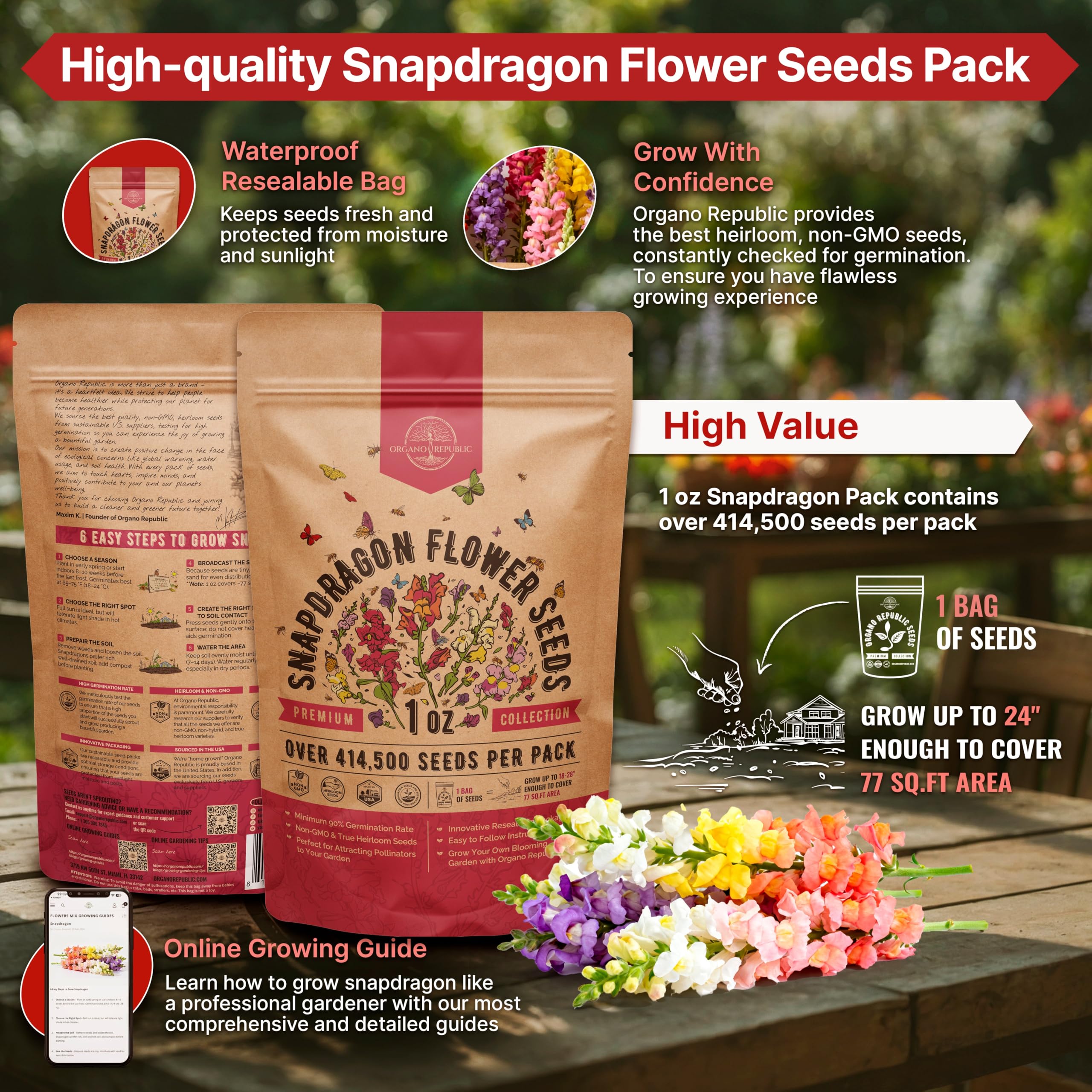 Organo Republic non-GMO heirloom snapdragon seeds for outdoor borders and container displays.