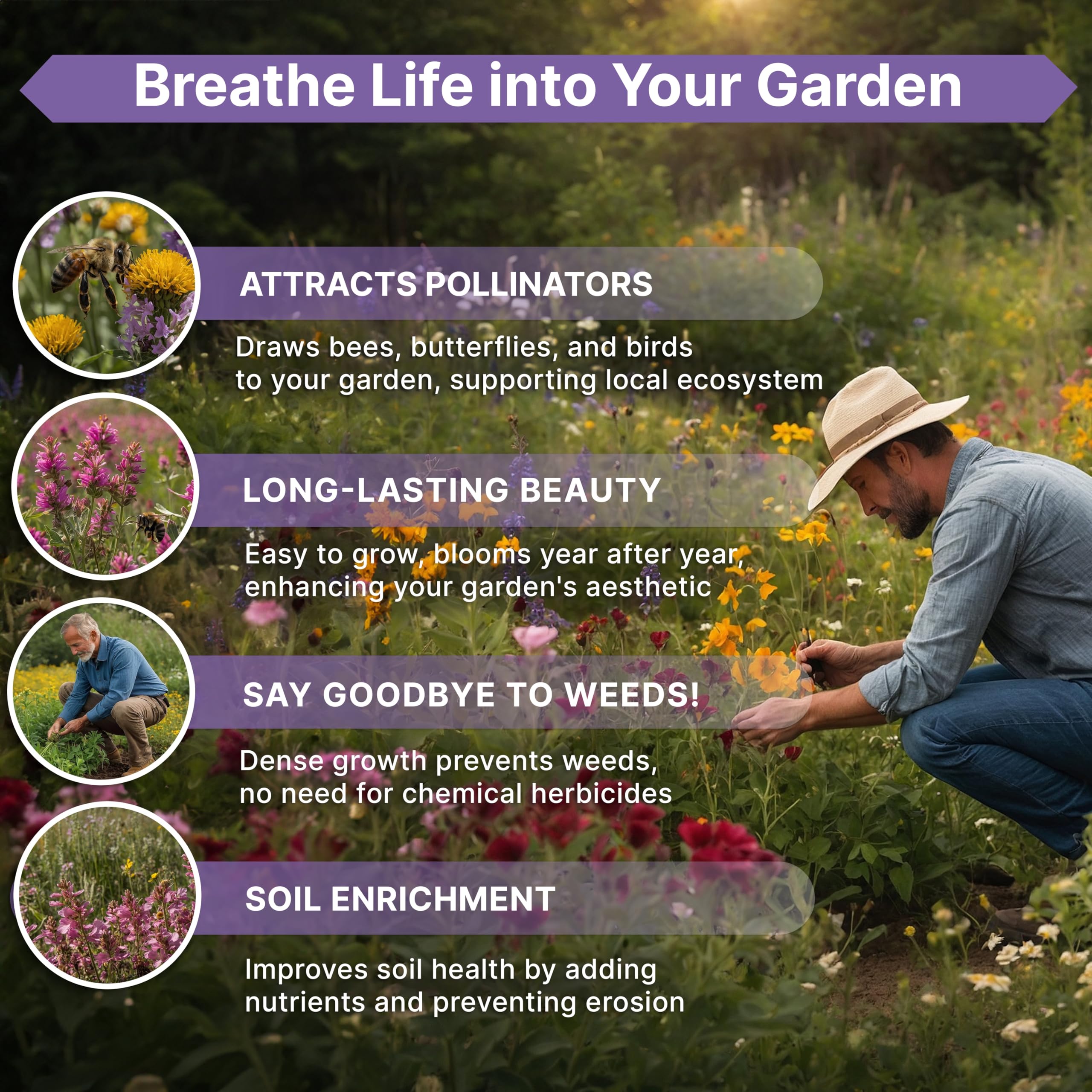 Organo Republic pollinator-friendly seed mix supports bees and butterflies.