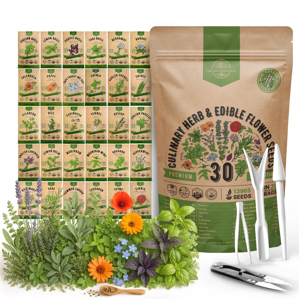 Organo Republic seed-pack front view with 30 herbs and edible flowers for year-round home gardening
