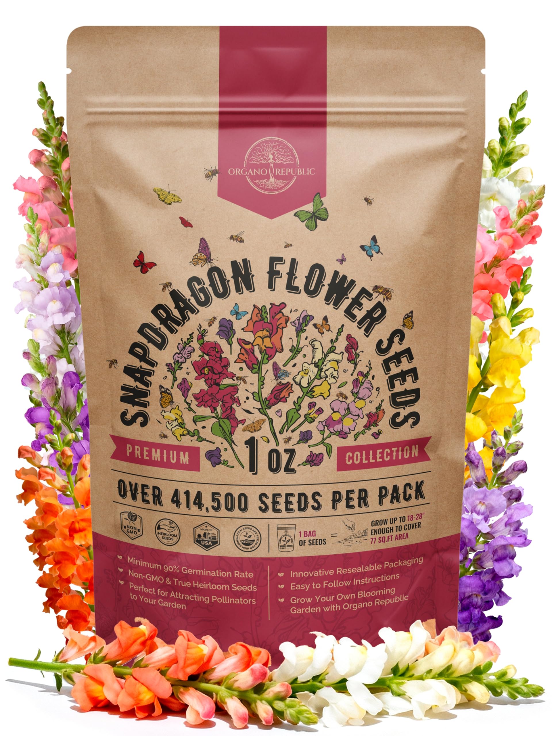 Organo Republic Snapdragon seeds pack 1oz ready for home planting and vibrant blooms.