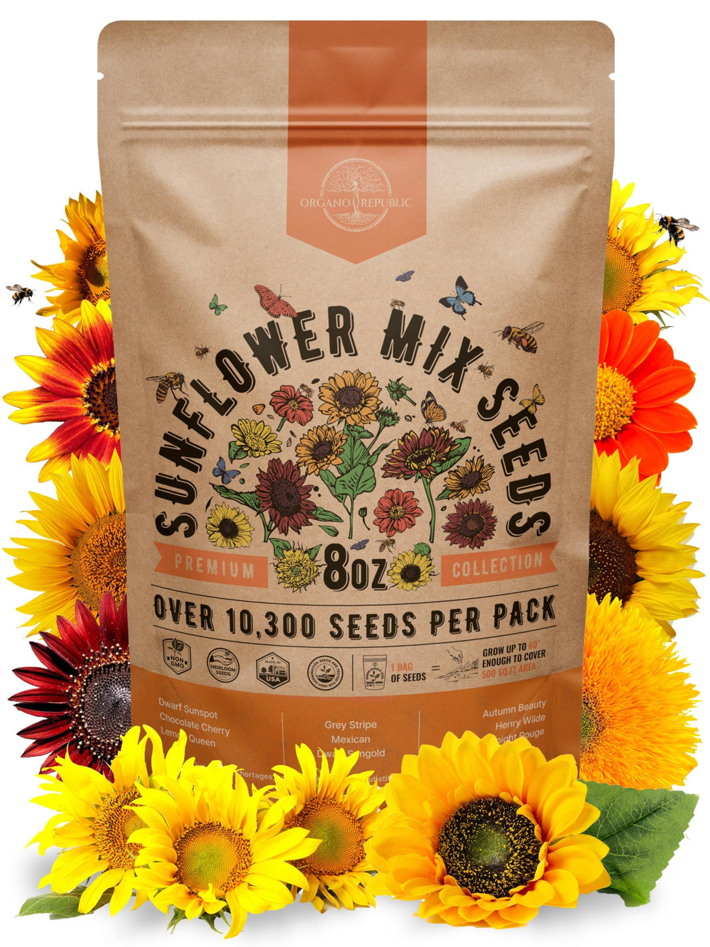 Organo Republic Sunflower Mix Seeds Pack 8oz seed pack ready for home planting and pollinators.