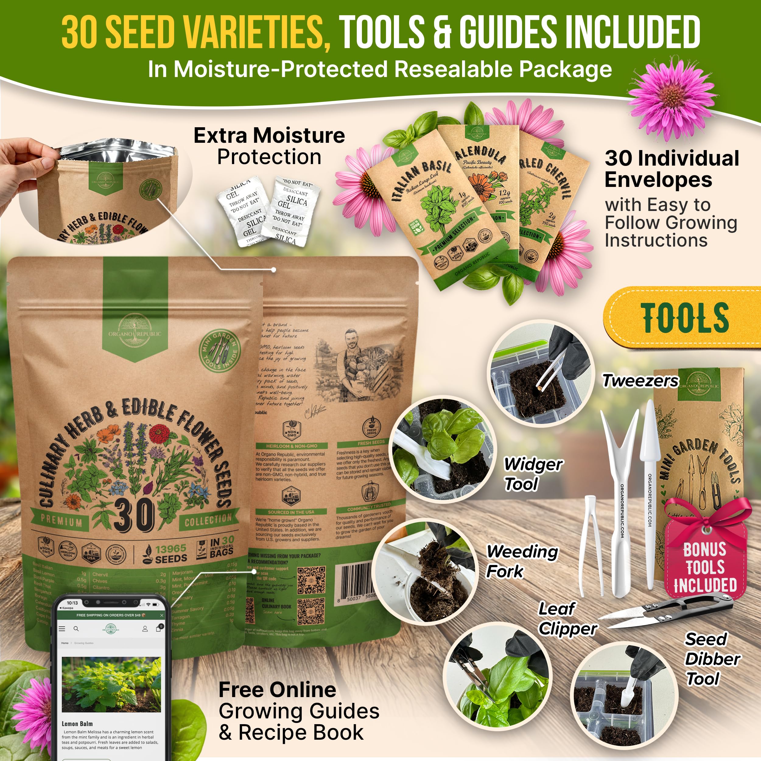 Organo Republic thirty seed packets inside for diverse year-round herb harvests