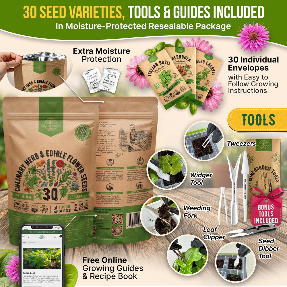 Organo Republic thirty seed packets inside for diverse year-round herb harvests