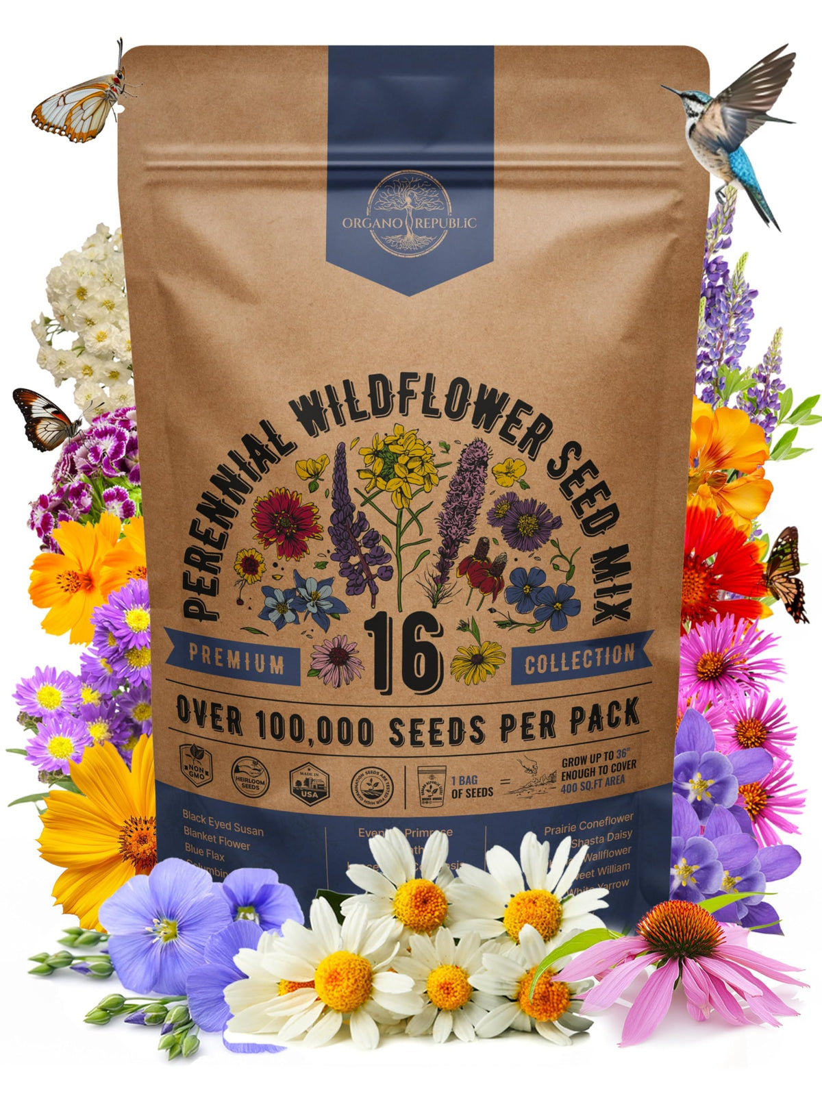 Organo Republic wildflower seeds pack with 16 varieties in resealable packaging.