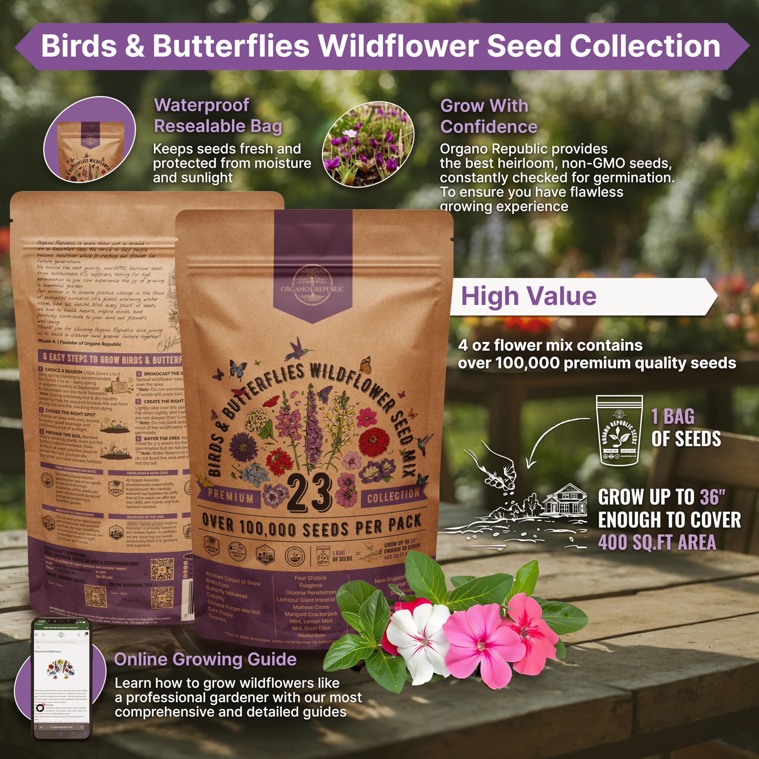 Organo Republic wildflower seeds in bulk bag for outdoor beds and borders.