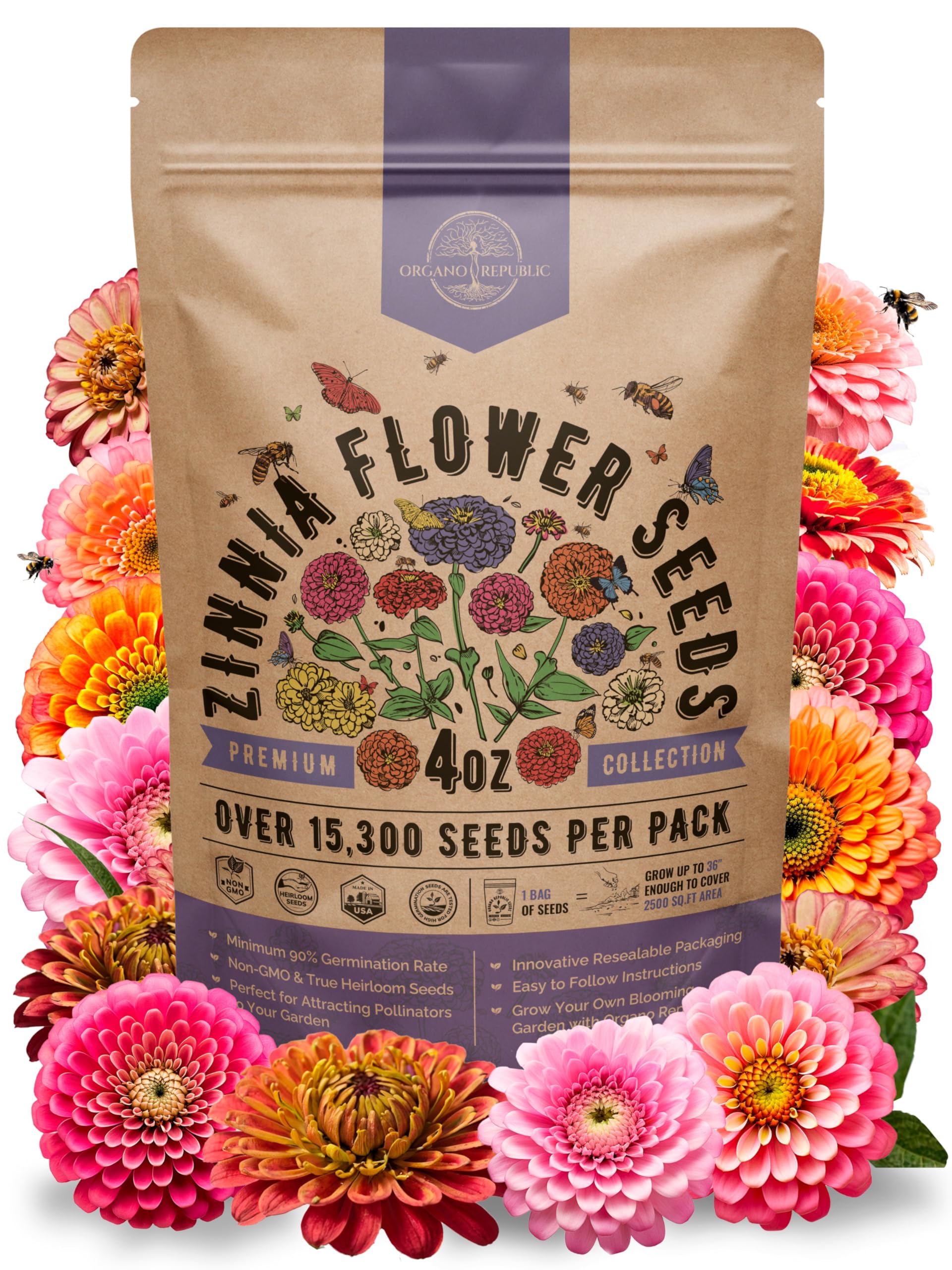 Organo Republic Zinnia Seeds Pack front view, ready to start a colorful garden bed.