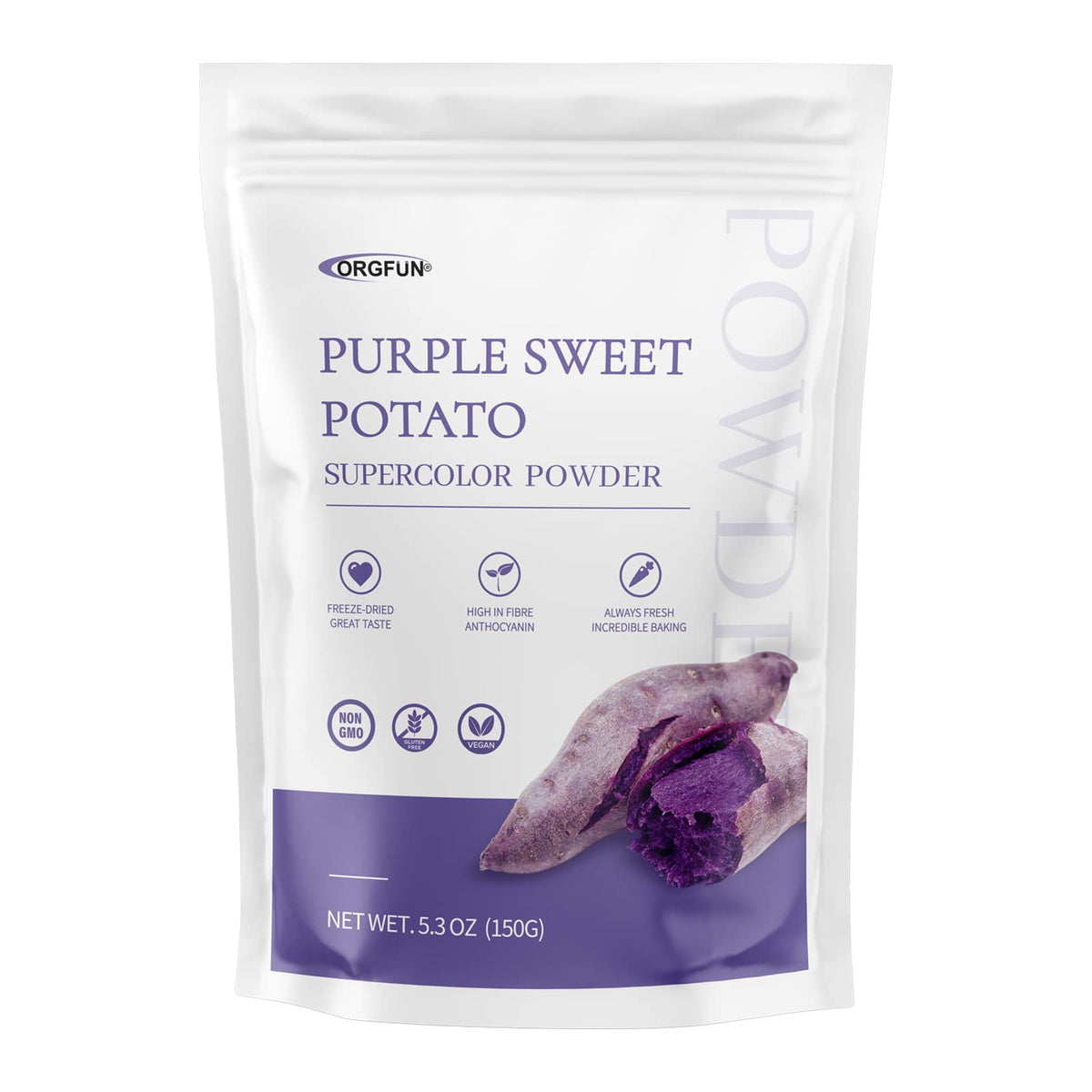 ORGFUN purple sweet potato powder in an open bag for quick sprinkling and fresh flavor