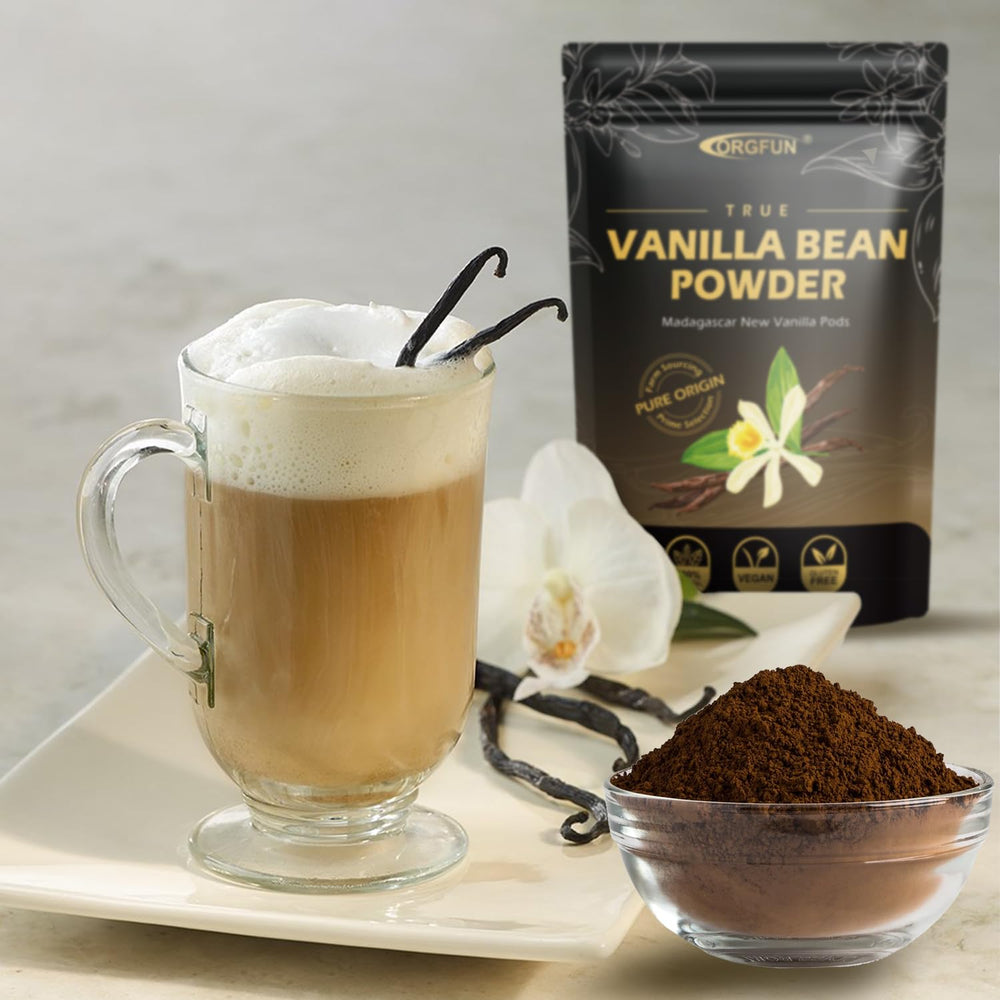 ORGFUN Vanilla Bean Powder baking scene with cakes and cookies.