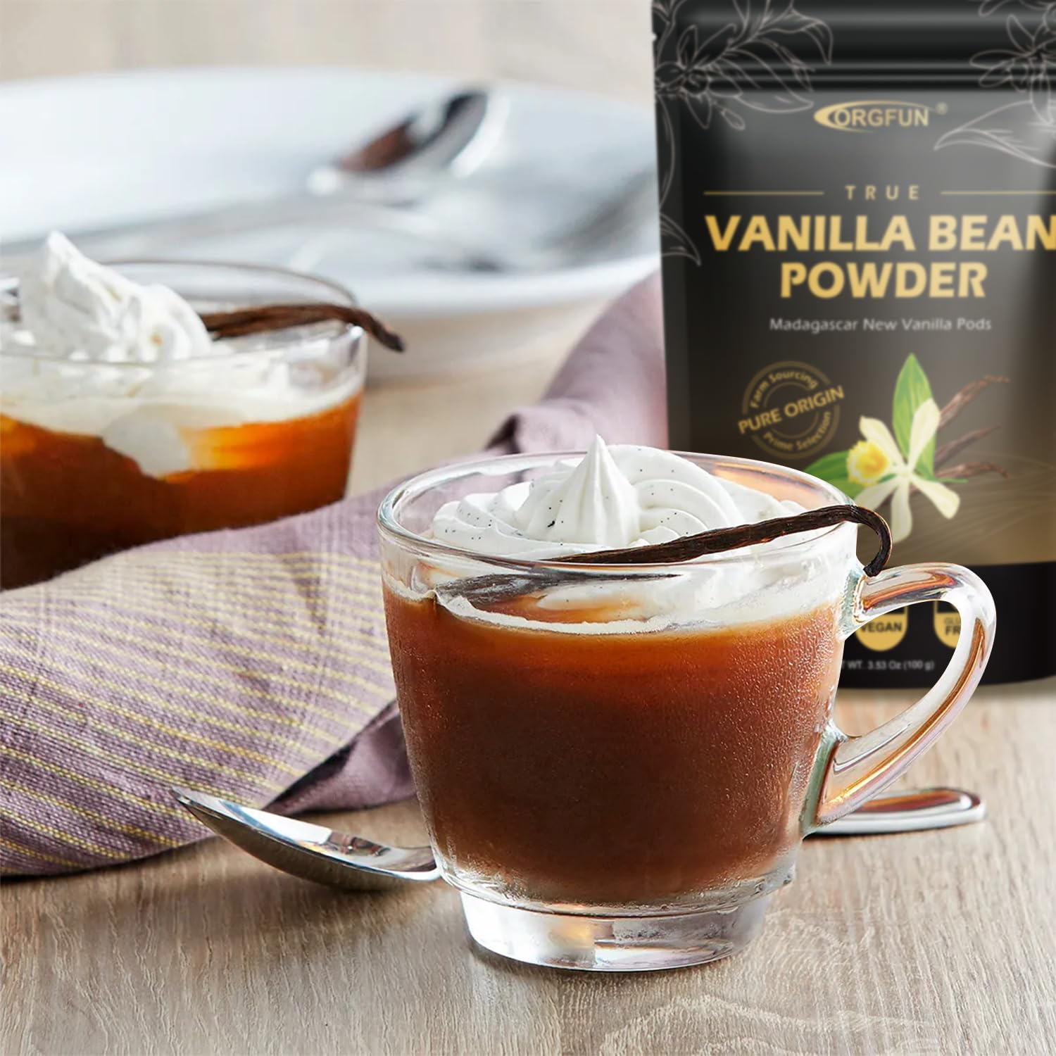 ORGFUN Vanilla Bean Powder enhances ice cream bases and custards.
