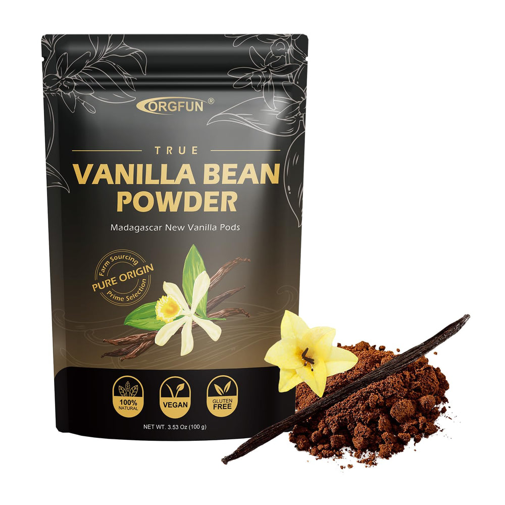 ORGFUN Vanilla Bean Powder ground beans close-up for rich desserts.
