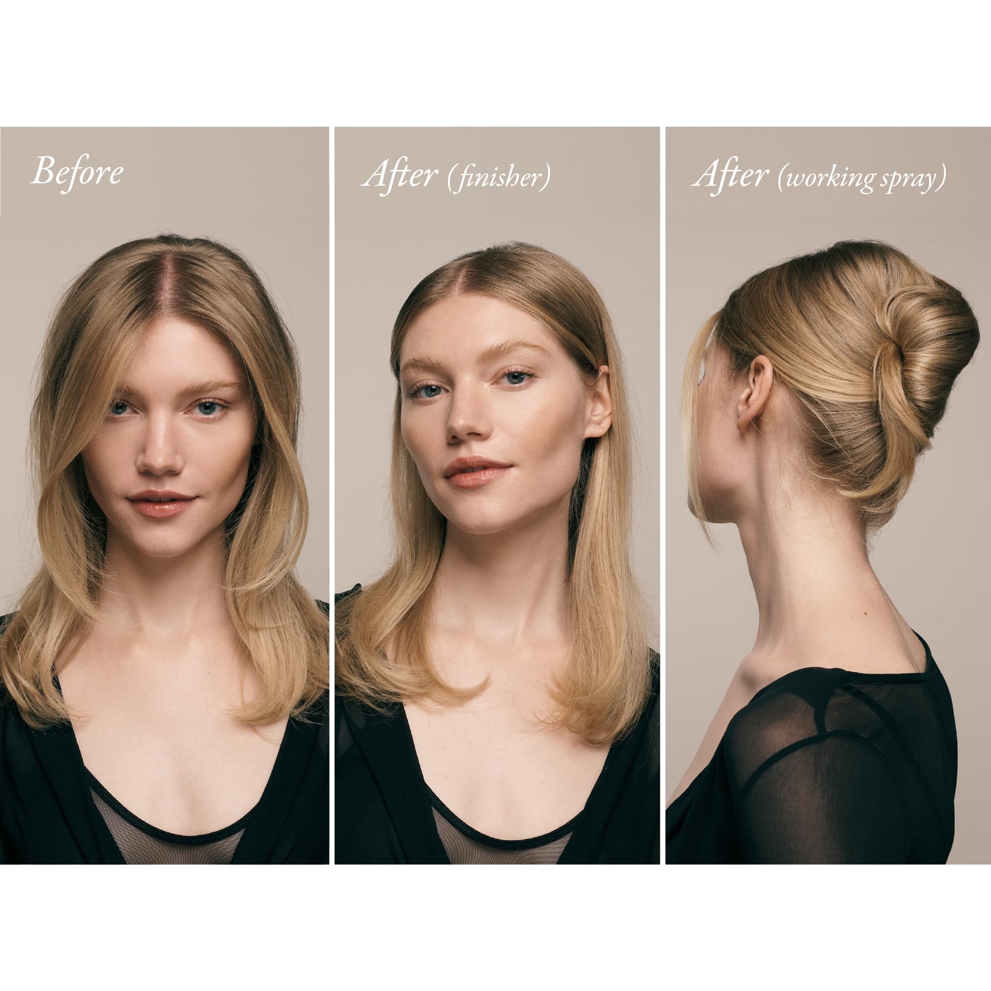 Oribe Impermeable spray hair blowout look on model shows smooth finish and hold.