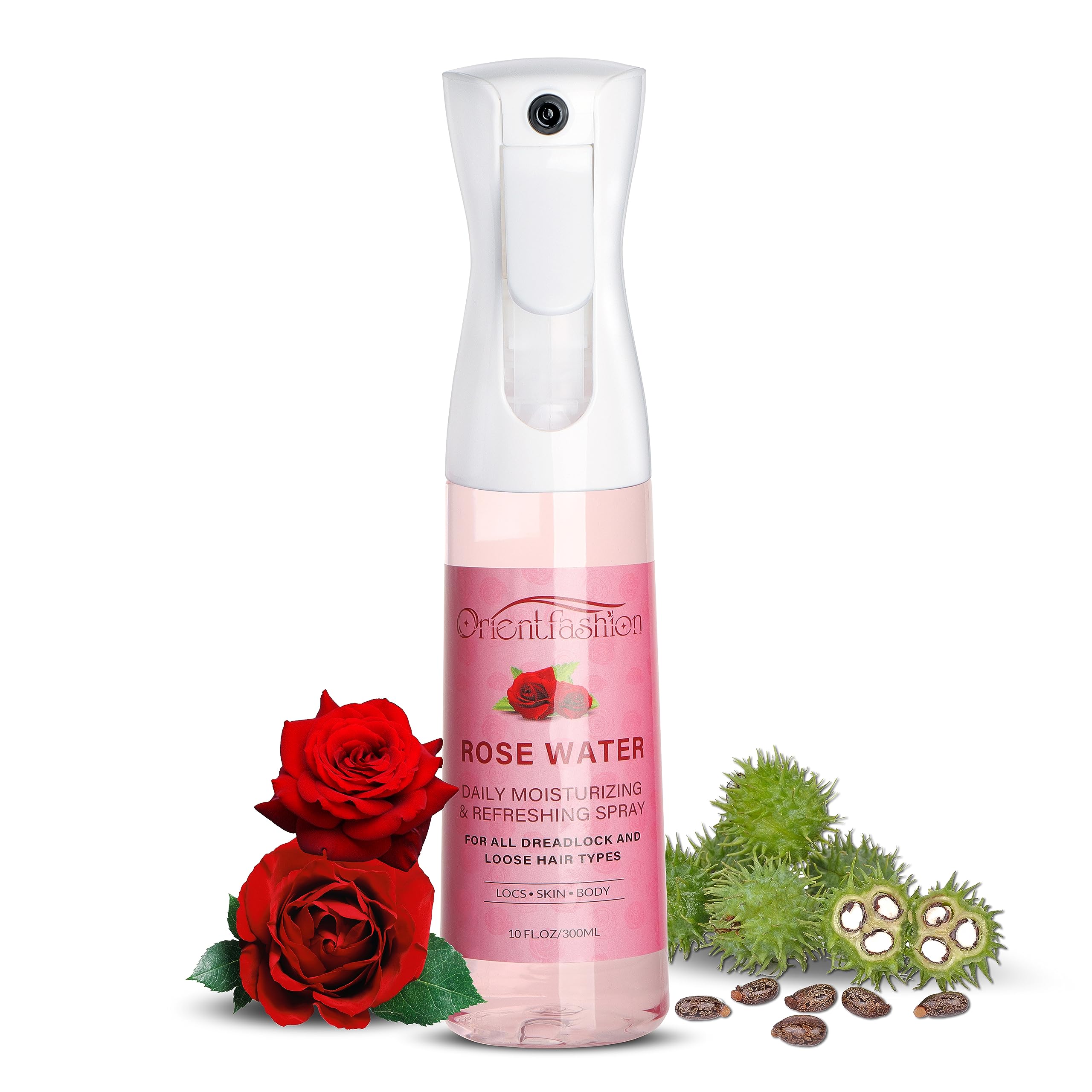 Orientfashion bottle front with rose-water locs spray for daily hydration.