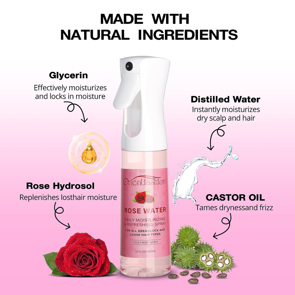 Orientfashion rosewater peppermint ingredients label highlights natural loc care ingredients.