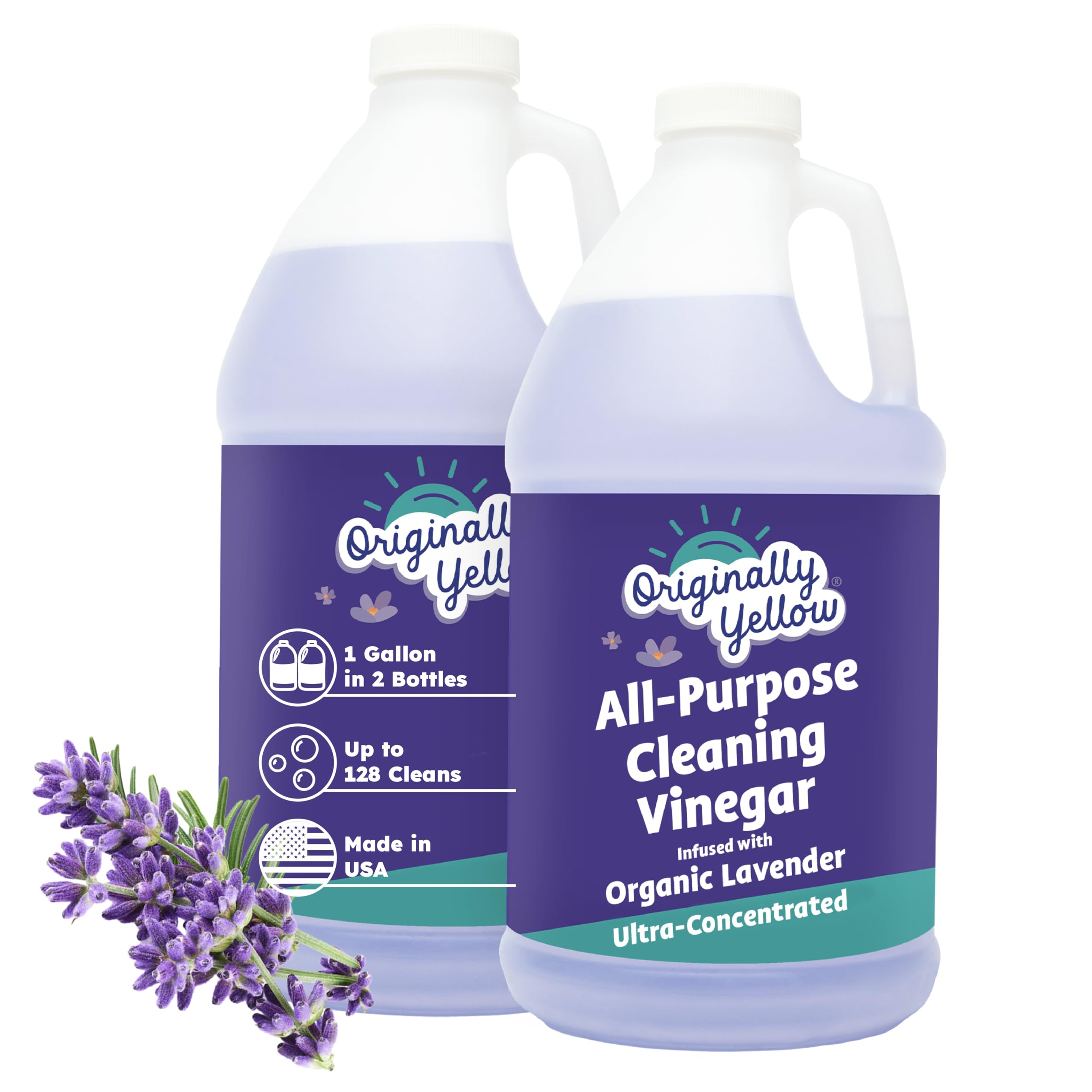 Originally Yellow Lavender Vinegar bottle pour for streak-free cleaning on glass and surfaces.
