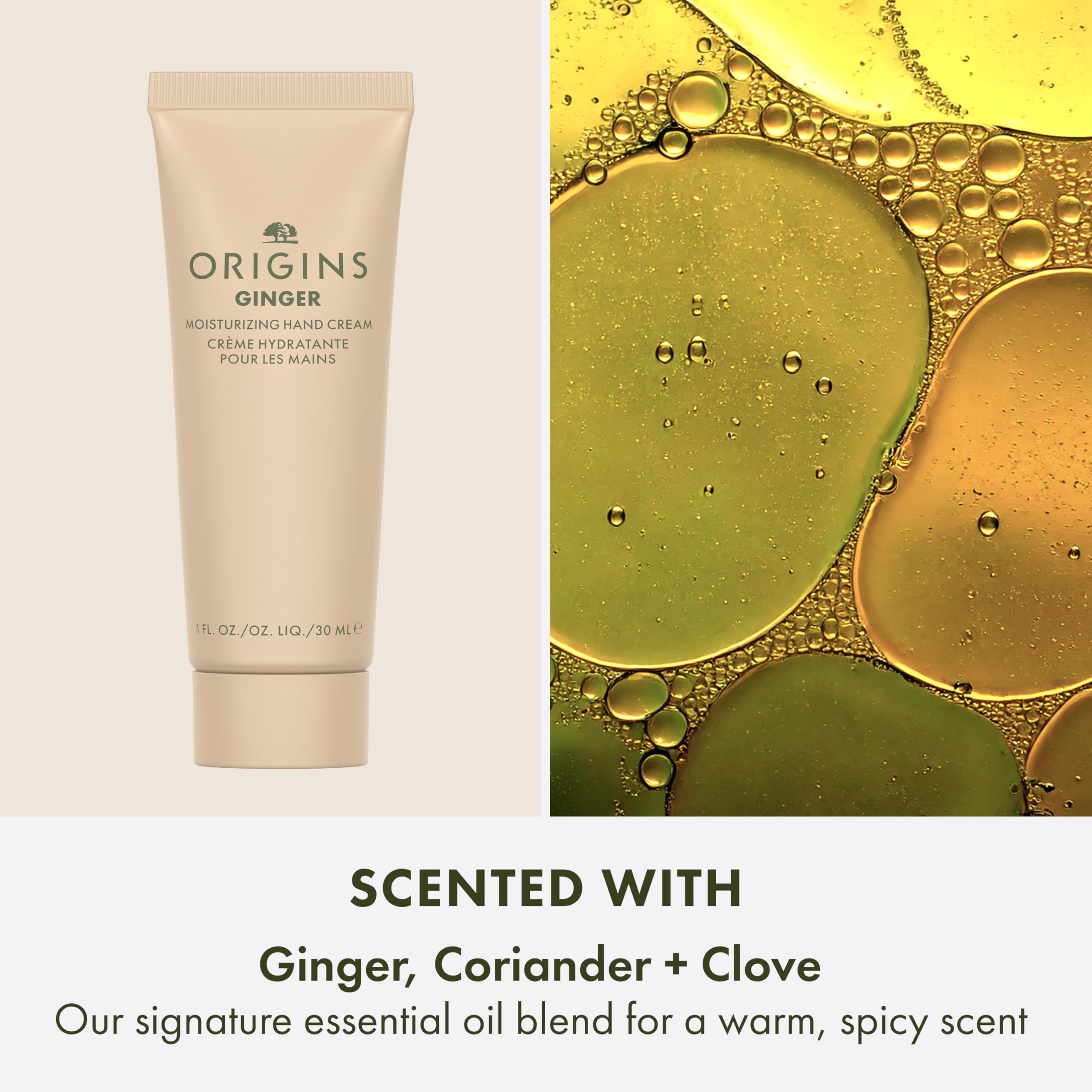 Origins Ginger travel hand cream tube features warm aroma and smooth skin.