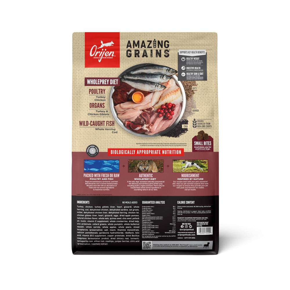 ORIJEN Amazing Grains small breed bag back with feeding guidance and protein sources