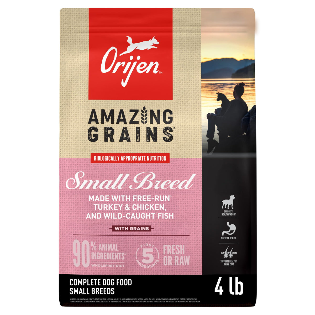ORIJEN Amazing Grains Small Breed bag front highlights premium ingredients for small dogs