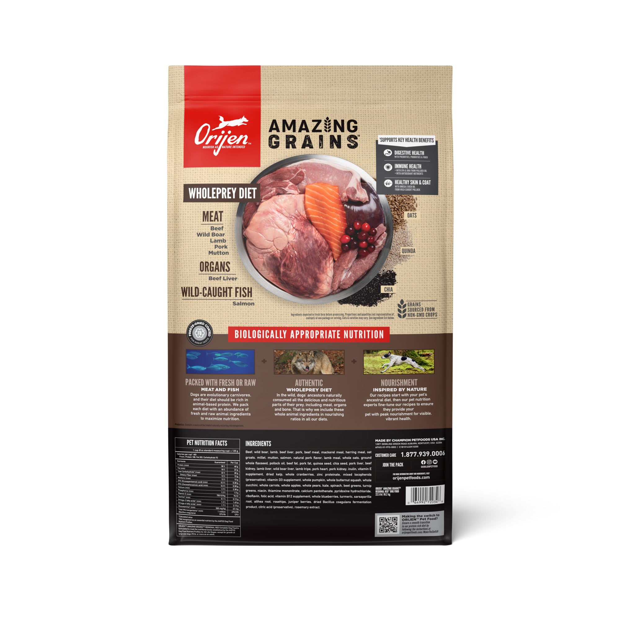 ORIJEN first five ingredients: fresh beef, wild boar, lamb, beef liver, pork