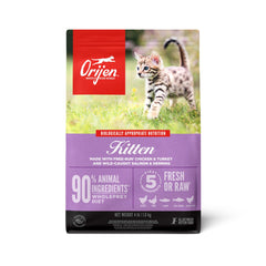ORIJEN kitten grain-free kibble bag front, high-protein nutrition for growth