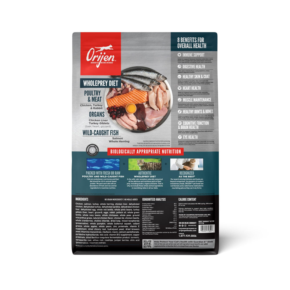 ORIJEN Guardian 8 dry kibble close-up highlighting fresh and raw ingredients for protein.