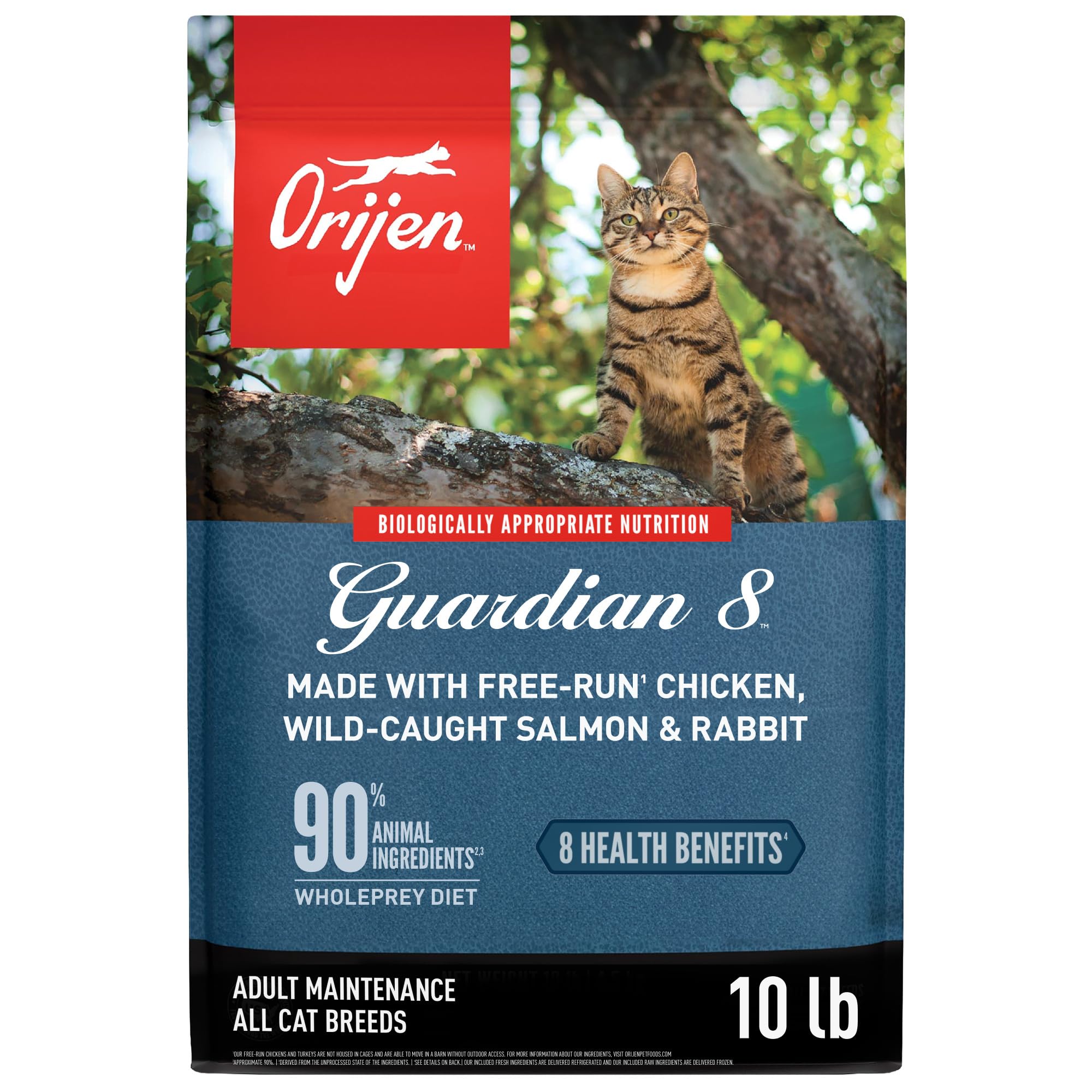 ORIJEN Guardian 8 bag front view, grain-free dry cat food for high-protein meals.